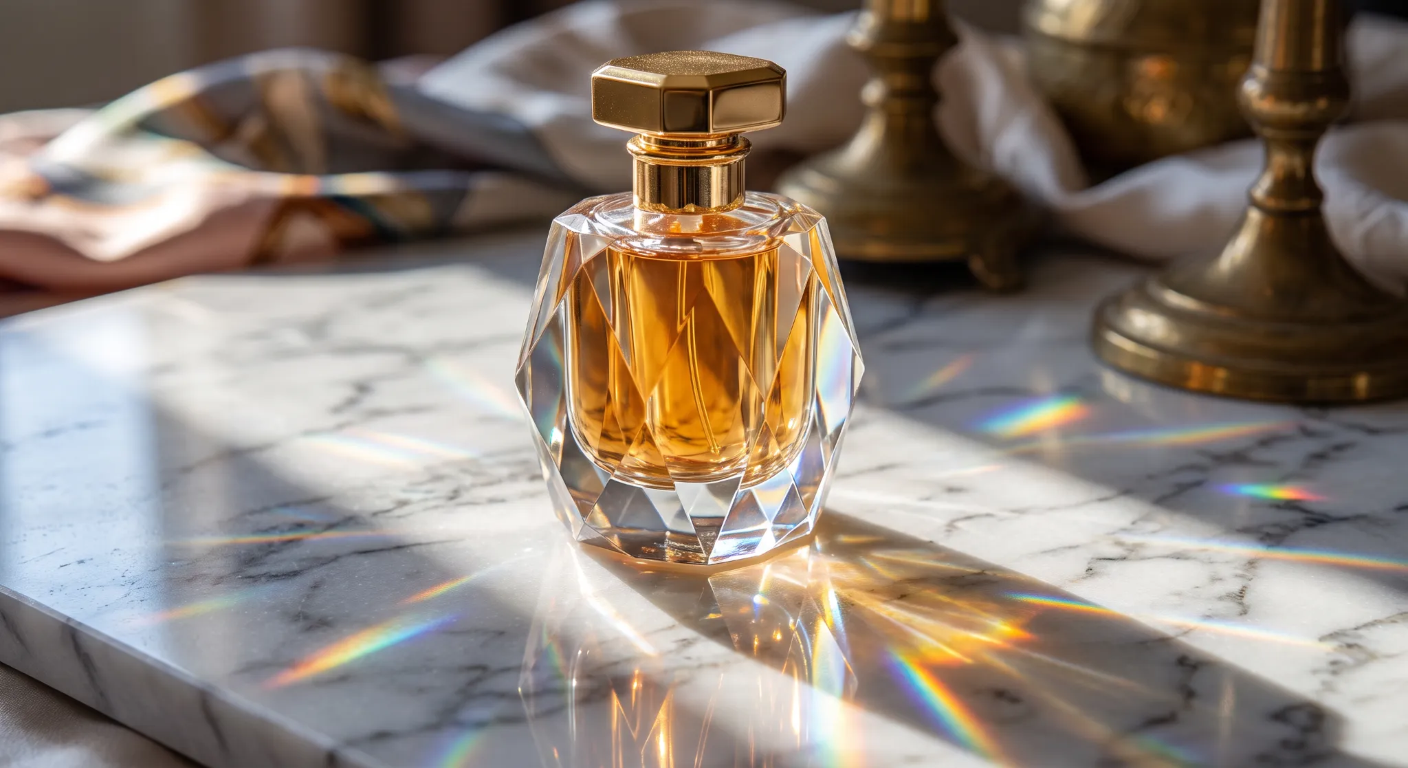 Amber perfume bottle on softly draped satin