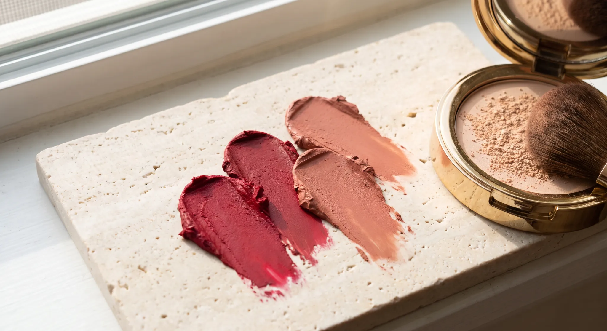 Blush compact, lipstick and makeup brushes on a warm neutral surface