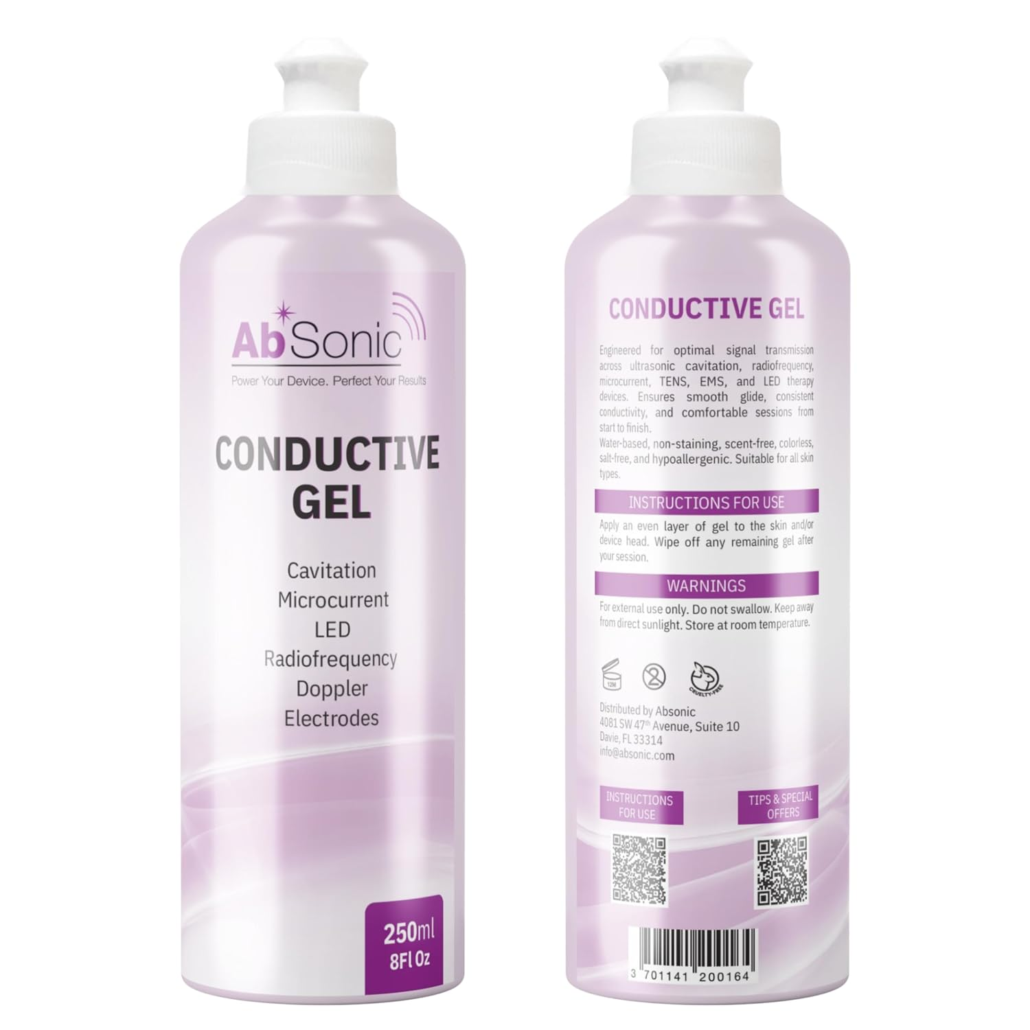 Two bottles of Absonic water-based conductive gel for radio frequency and microcurrent devices on a plain white background