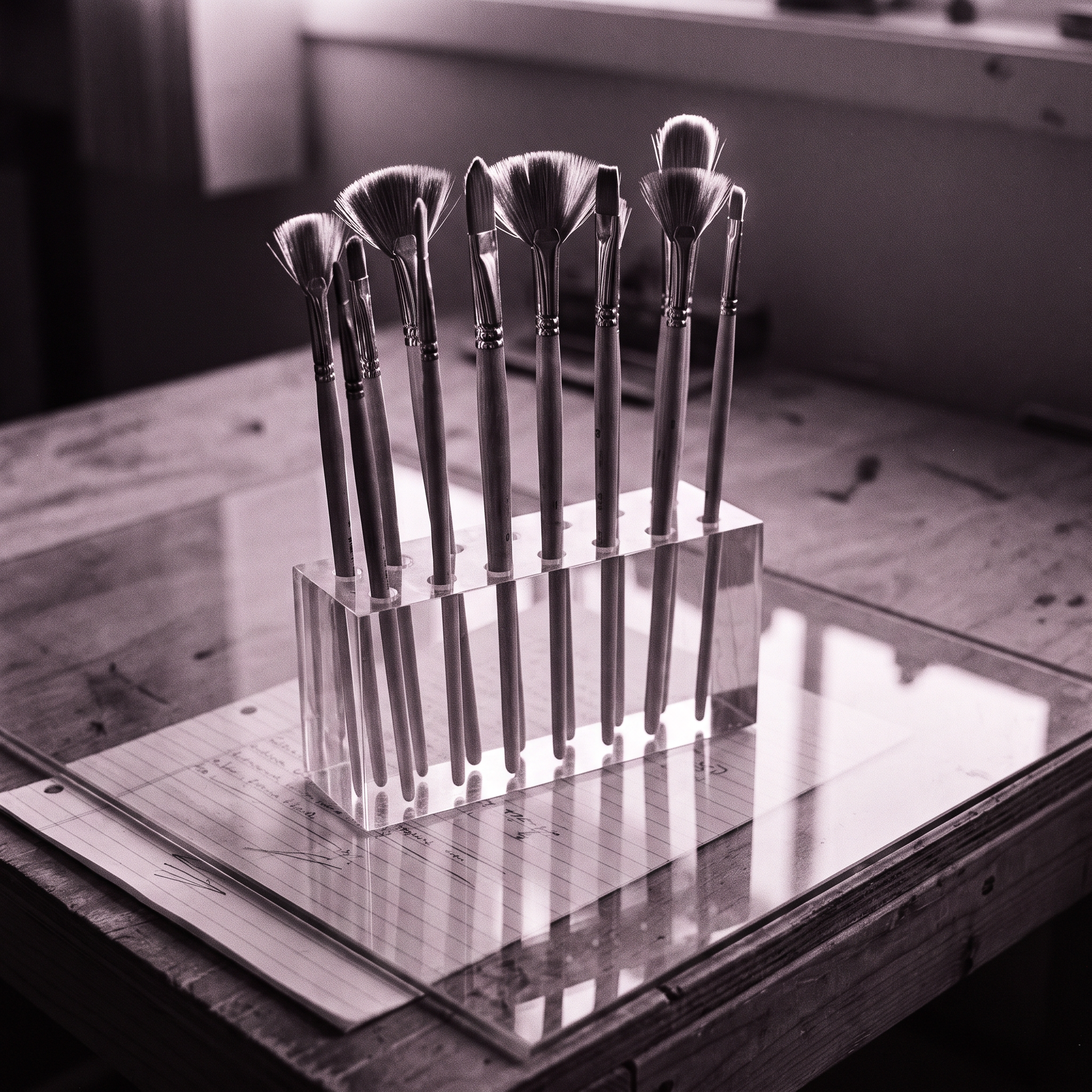 Macro detail of clean synthetic makeup brushes standing vertically in a clear acrylic holder