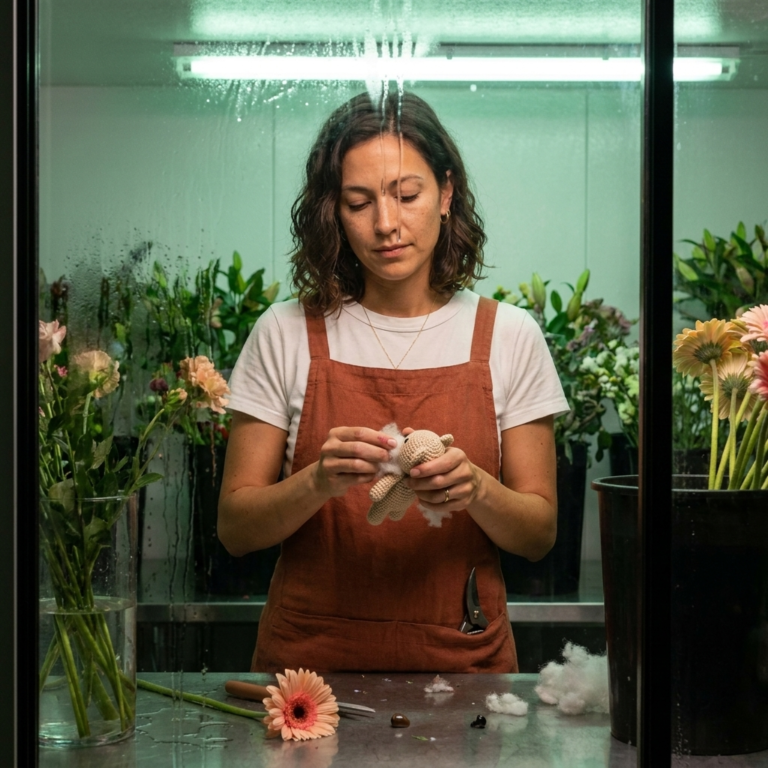 Avery stuffing a small unbranded crochet animal in a florist cooler before the last hole closes