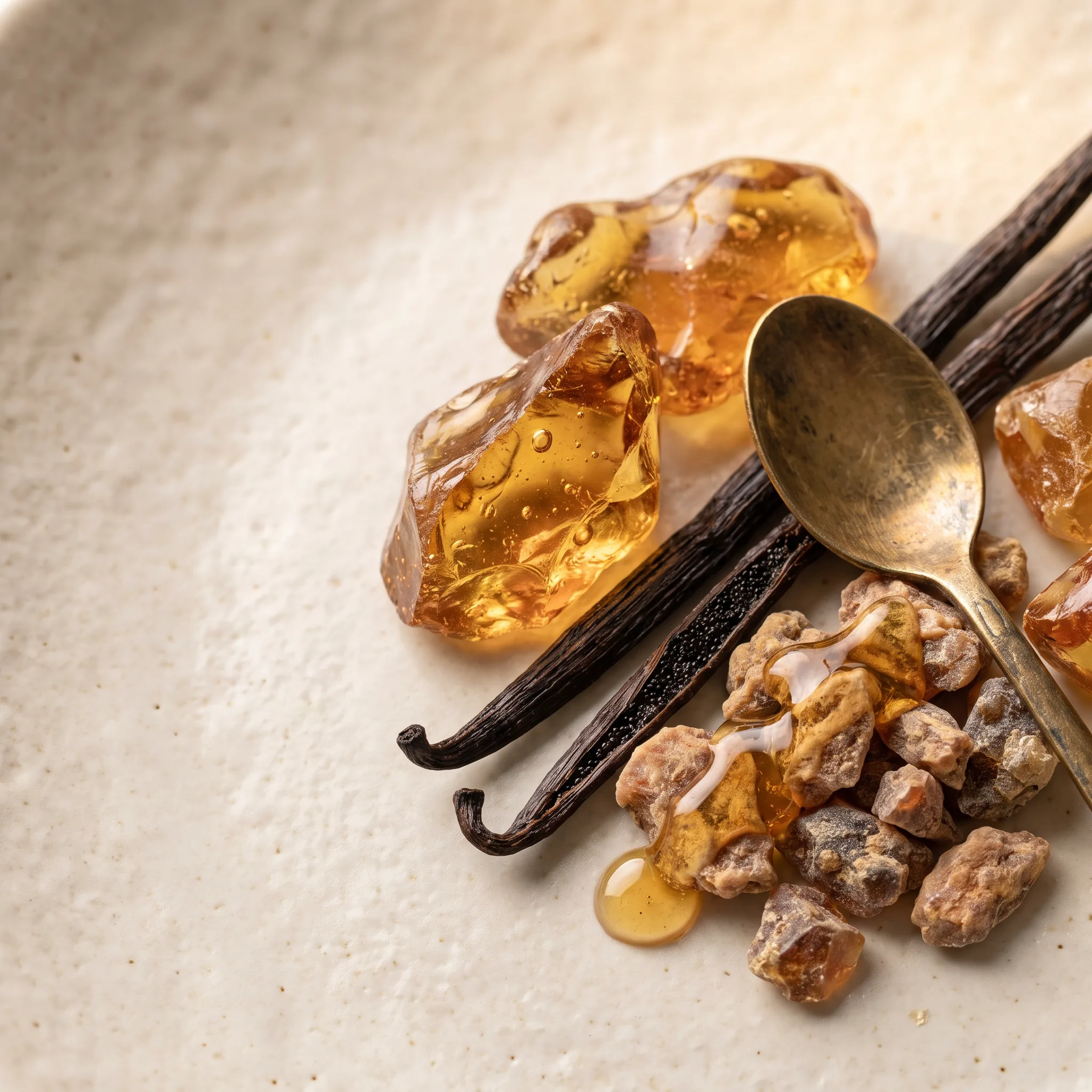 Macro still life of translucent amber resin, benzoin crystals and a bronze spoon
