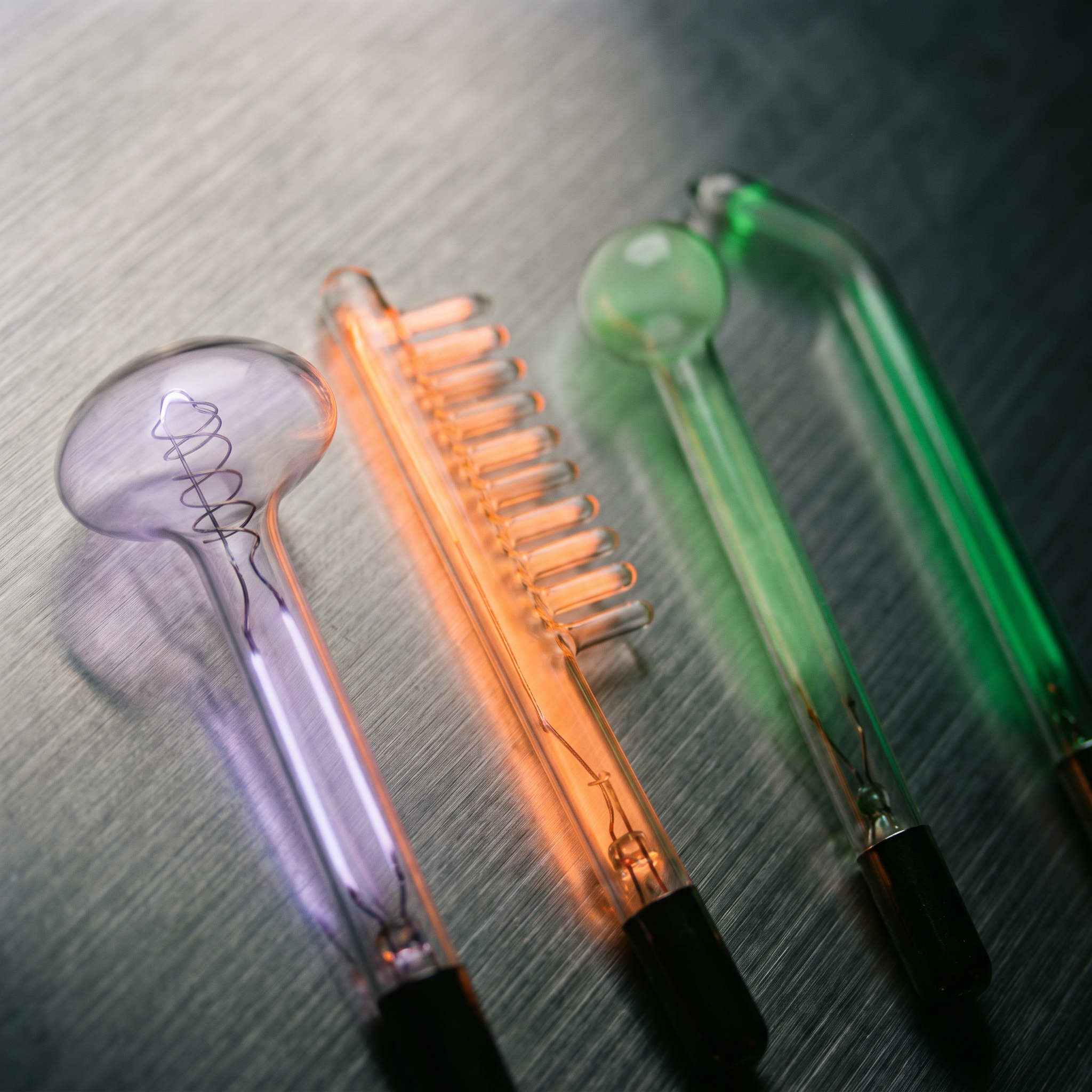 Macro view of mushroom, spoon, spot, and comb borosilicate glass electrodes on a laboratory tray