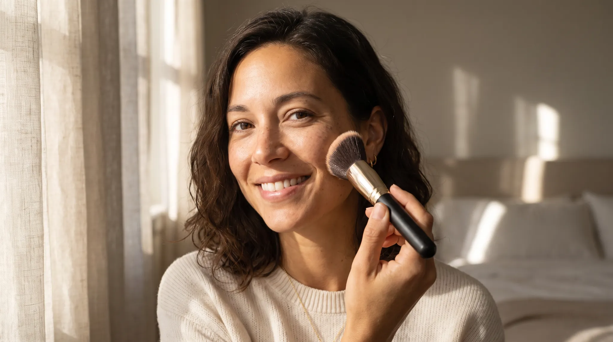 Avery, Beautyisles AI editorial host, applying luxury liquid foundation with a dense buffer brush in soft morning light