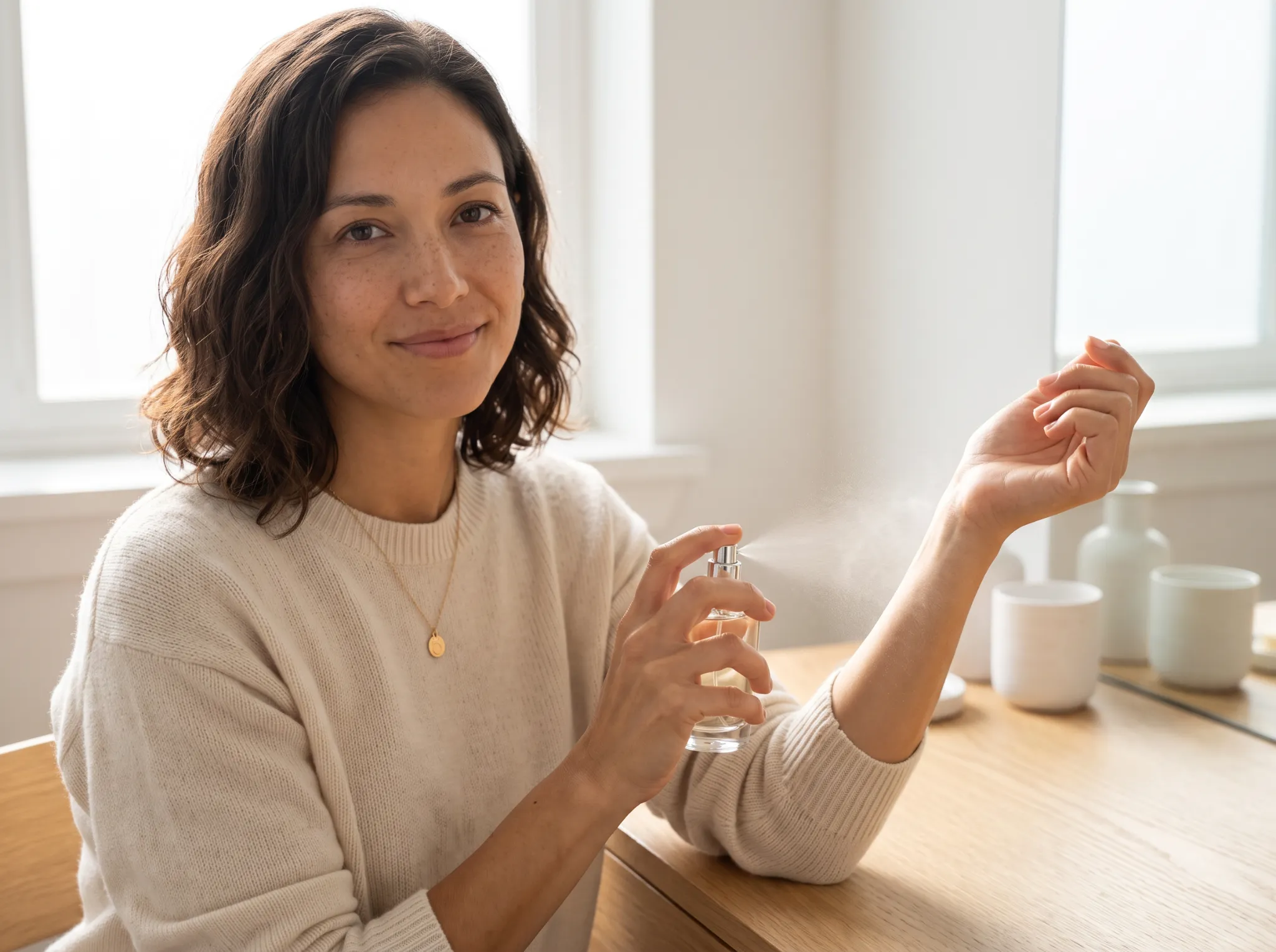 Avery delicately applying luxury perfume to her inner wrist pulse point at a vanity desk without rubbing
