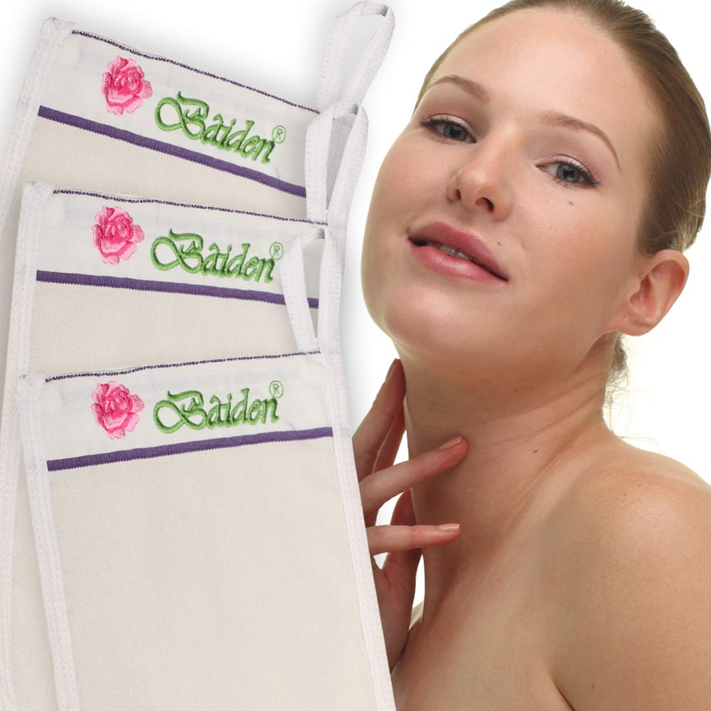 Three Baiden exfoliating mitts stacked on a plain white background