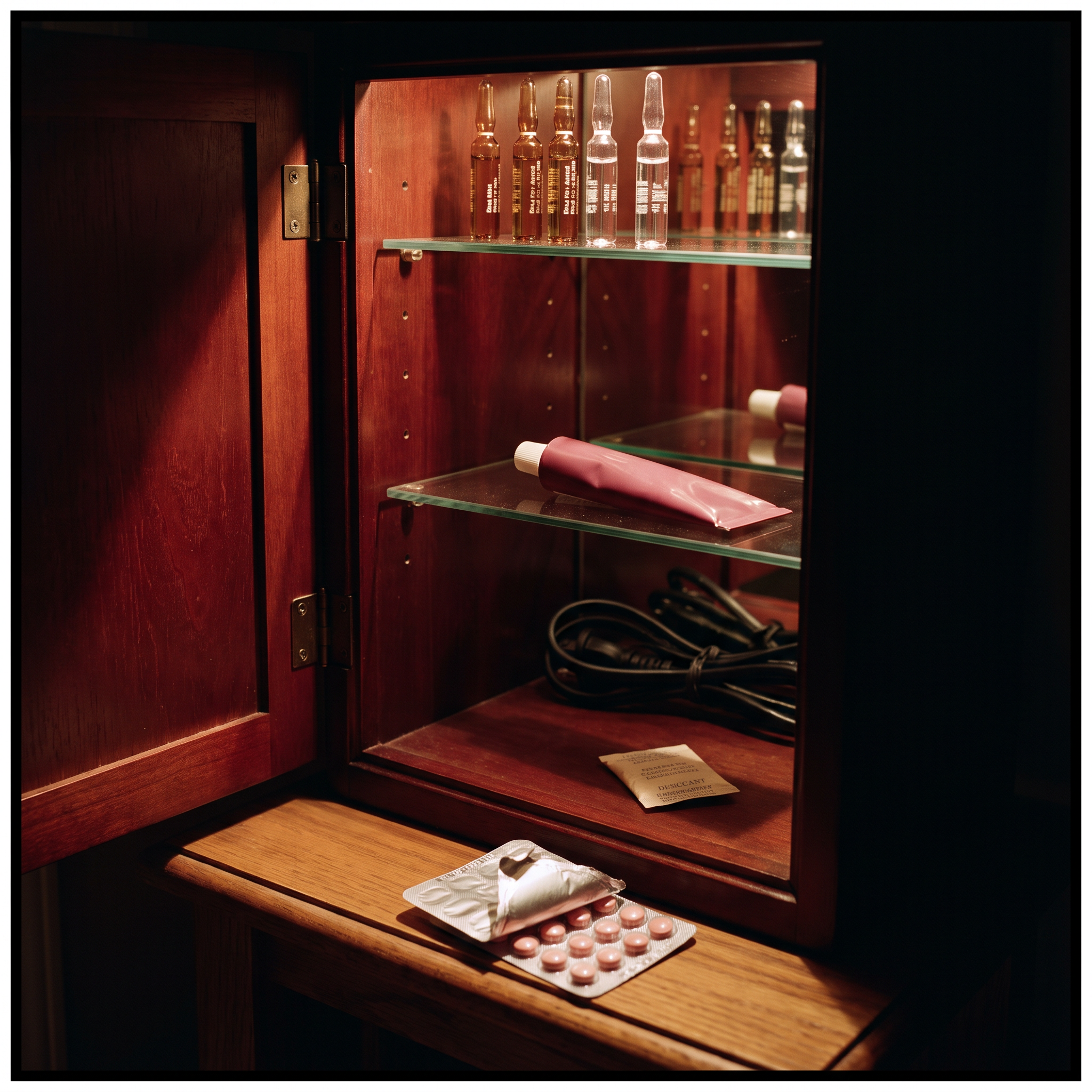 Macro photograph of chilled skincare tools and treatment packets resting inside a sanitised cooling chamber
