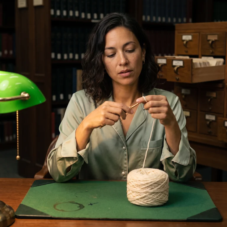 Avery testing beginner yarn for crochet by lifting one ply from a worsted cake at a library desk