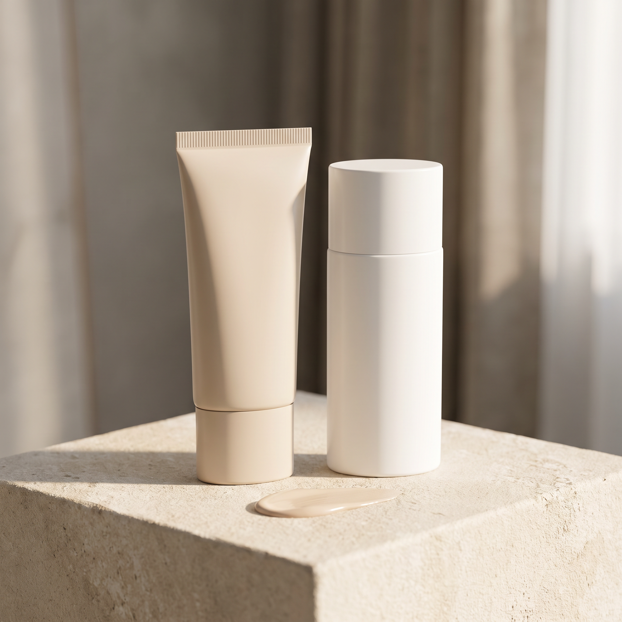 Three BB cream swatches showing sheer, medium, and fuller coverage on a neutral ceramic surface
