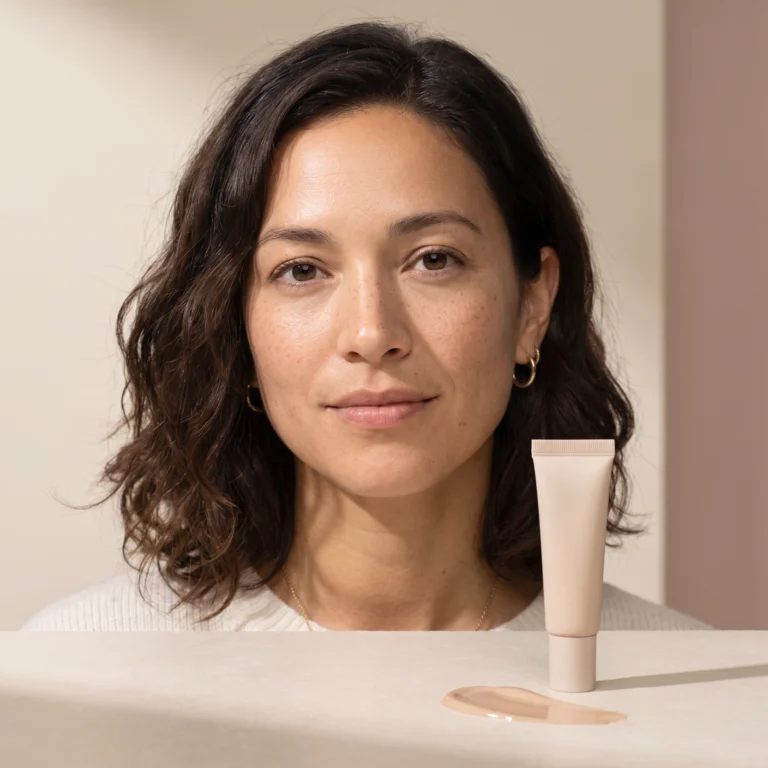 Three BB cream swatches showing sheer, medium, and fuller coverage on a neutral ceramic surface