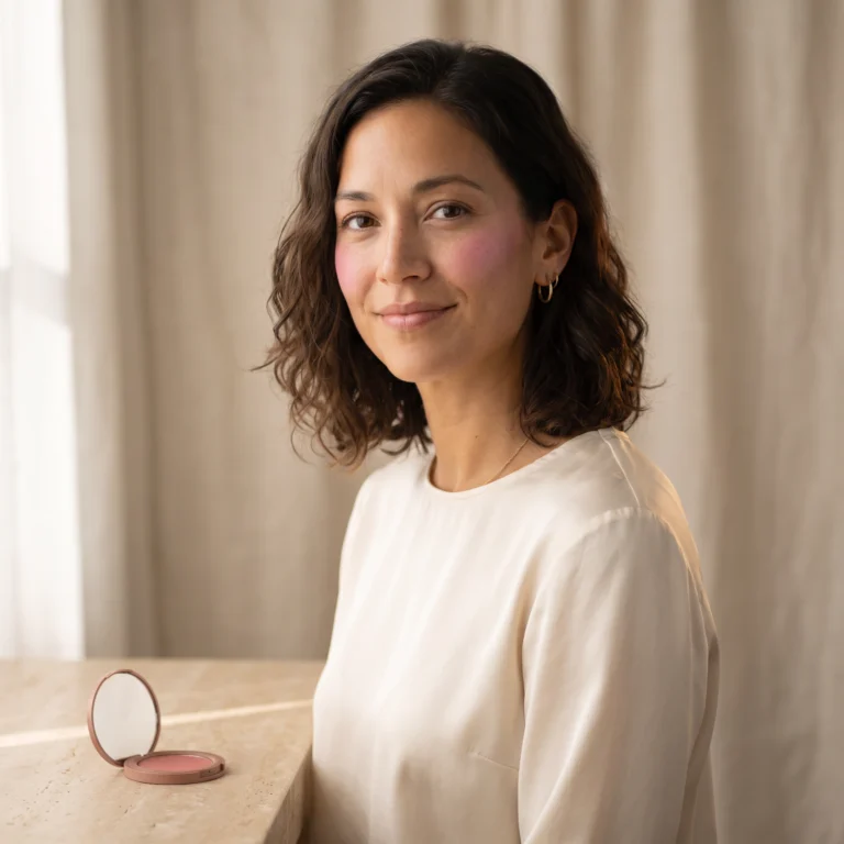 Woman choosing a warm peach blush shade for light skin at a vanity