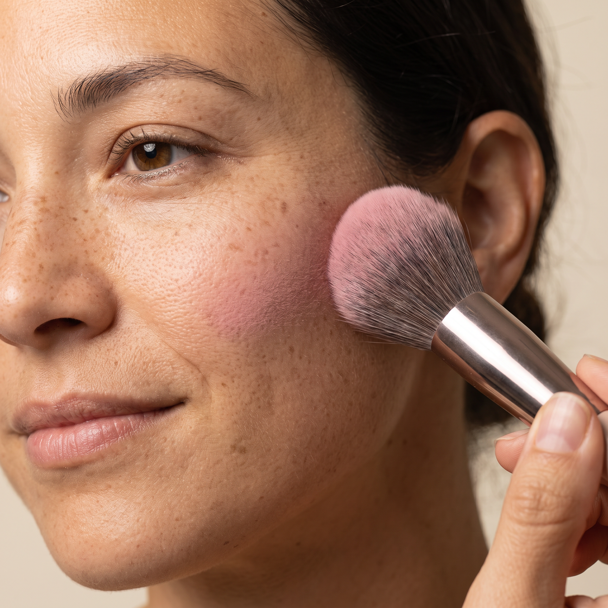 Fingertip blending cream blush onto the apple of the cheek