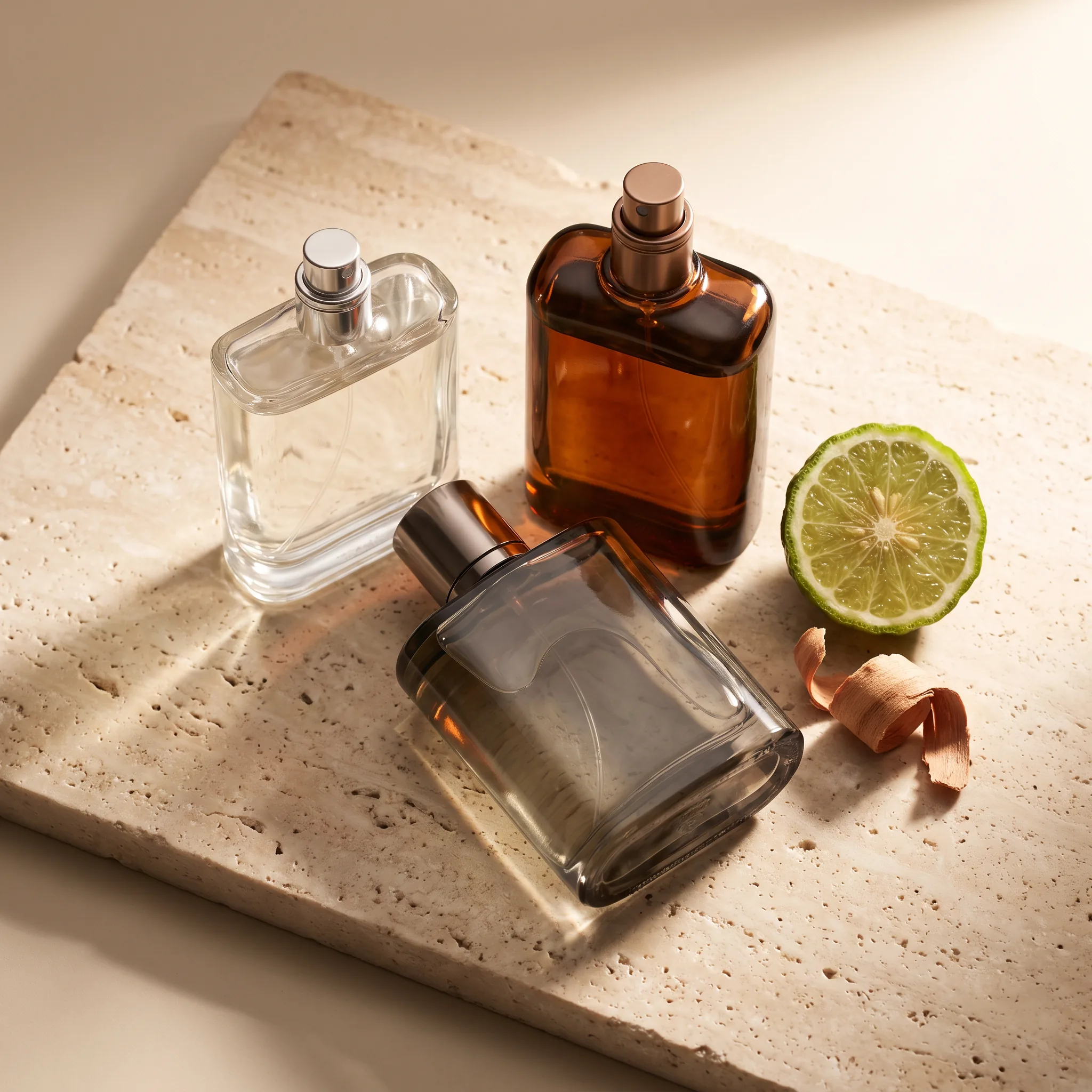 Amber glass cologne bottle with citrus peel and cedar shavings on a warm porcelain surface