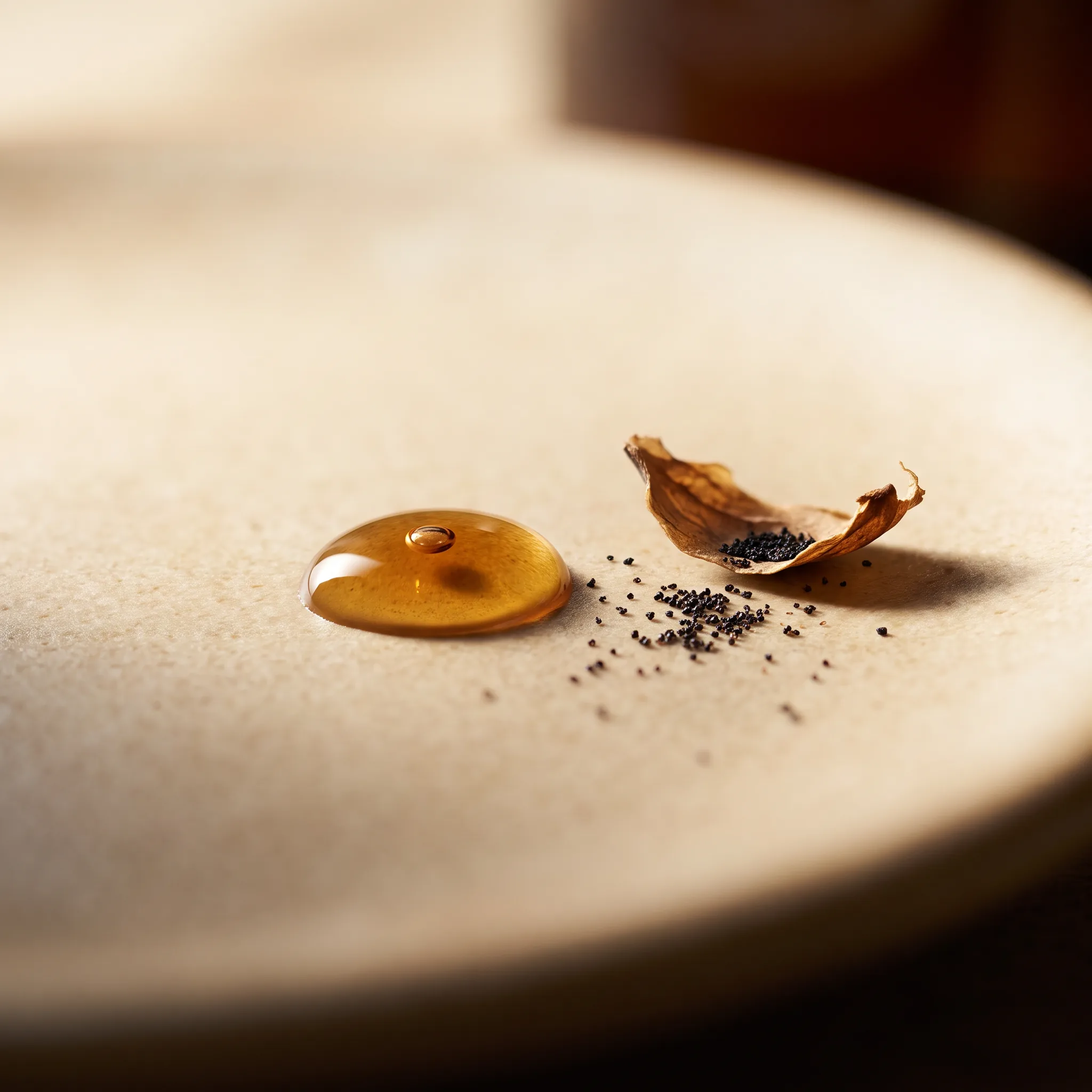 Macro still life of bergamot peel, incense resin and a bronze spoon on warm porcelain