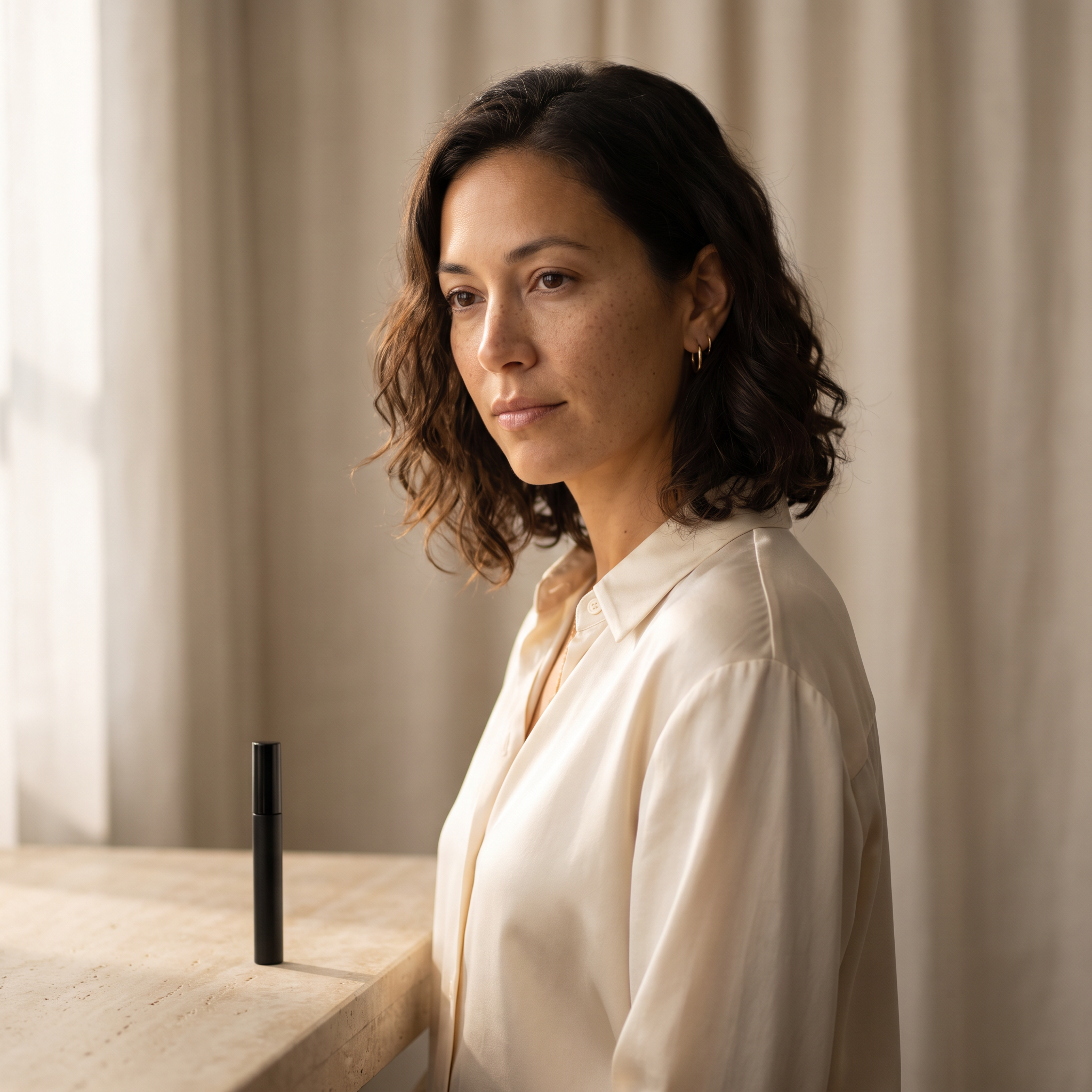 Woman holding a colored mascara tube beside her brown eyes at a vanity