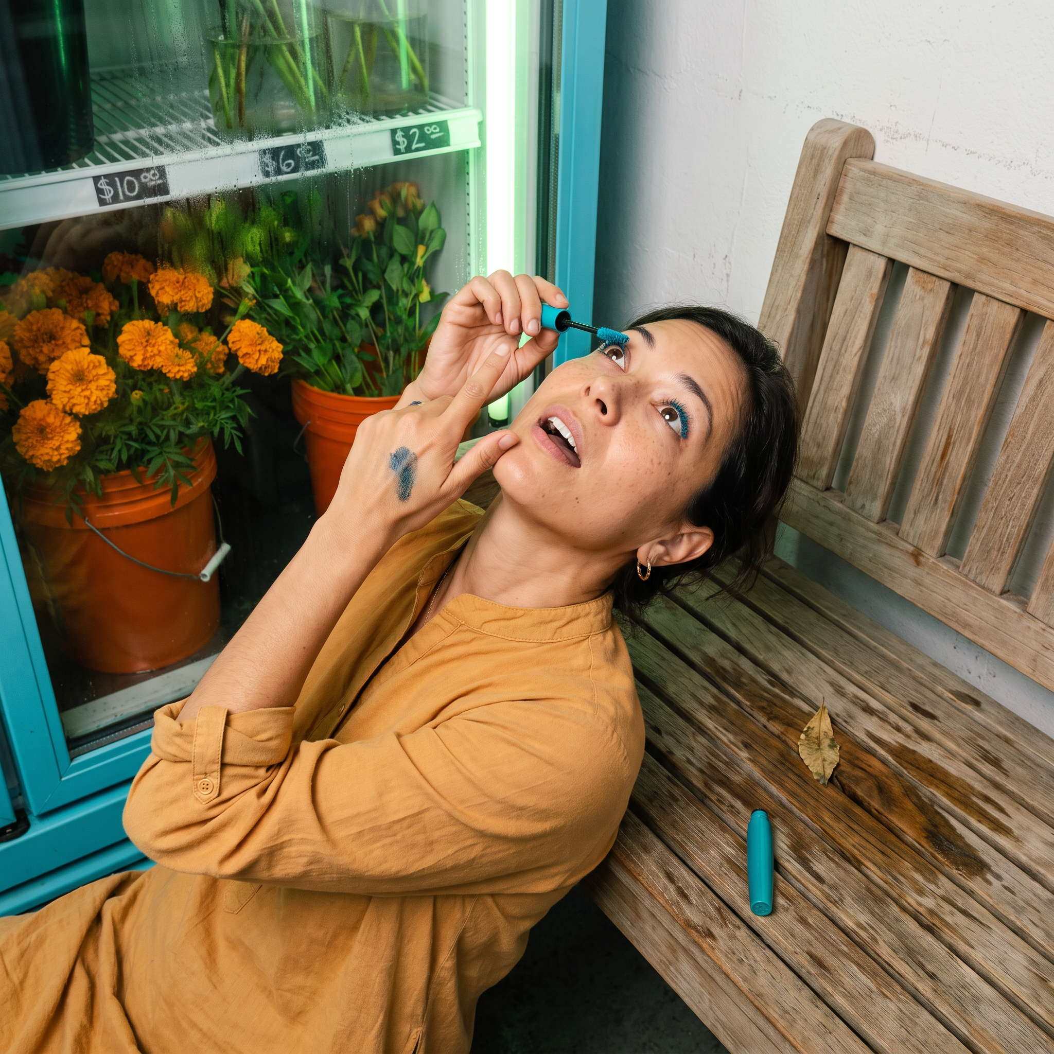 Avery, Beautyisles AI host, applies best colored mascara for brown eyes on a florist bench under fluorescent light