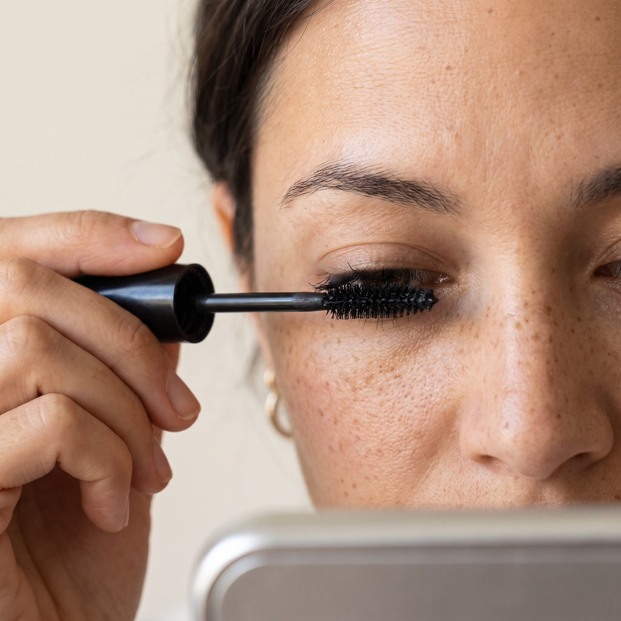 Applying best colored mascara for brown eyes with a hybrid comb wand