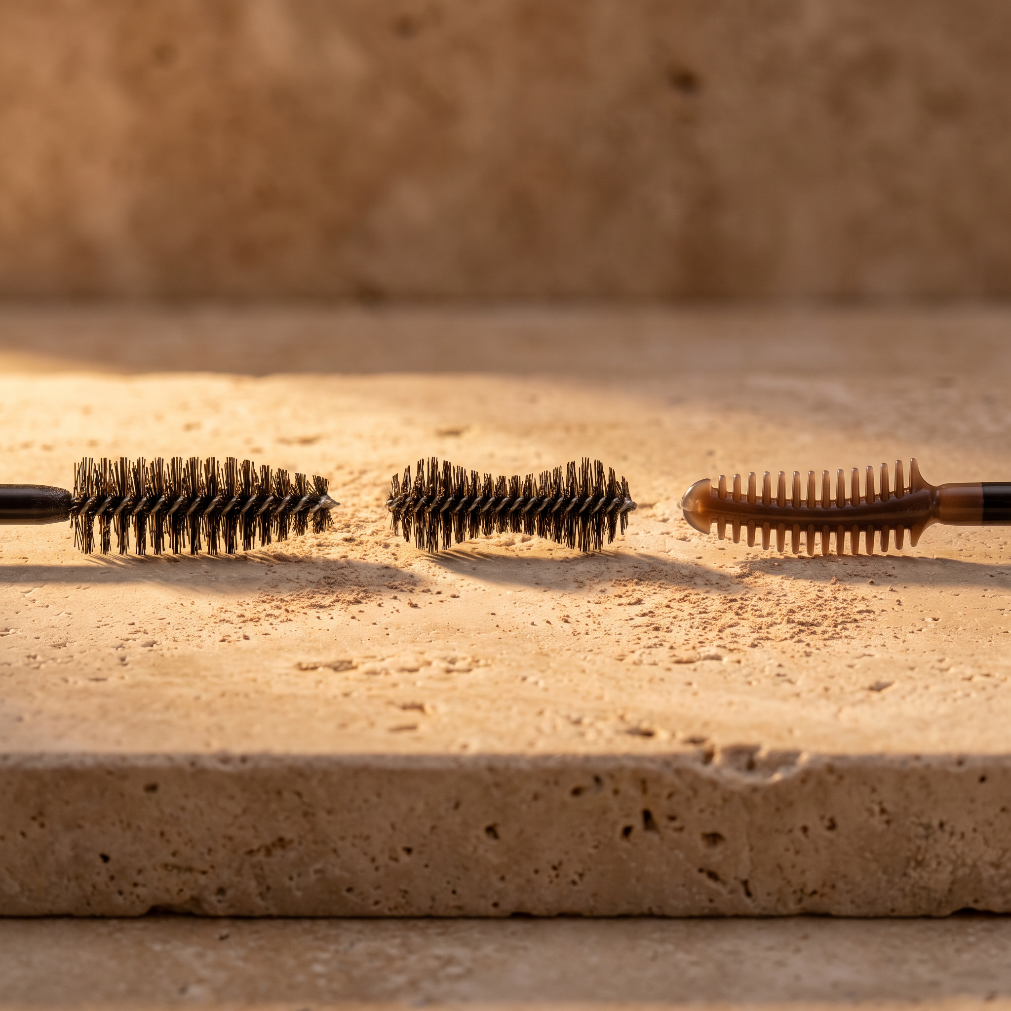 Macro of mascara wand geometries against a warm neutral background