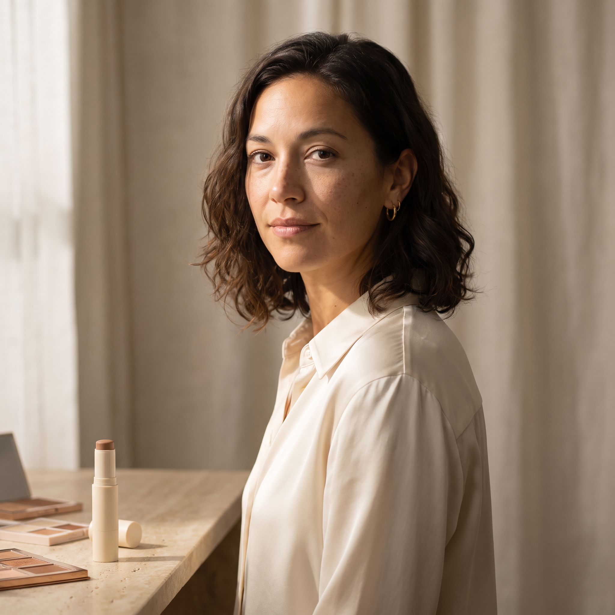 Avery in soft three-quarter light showing the natural shadow under the cheekbone and along the jaw