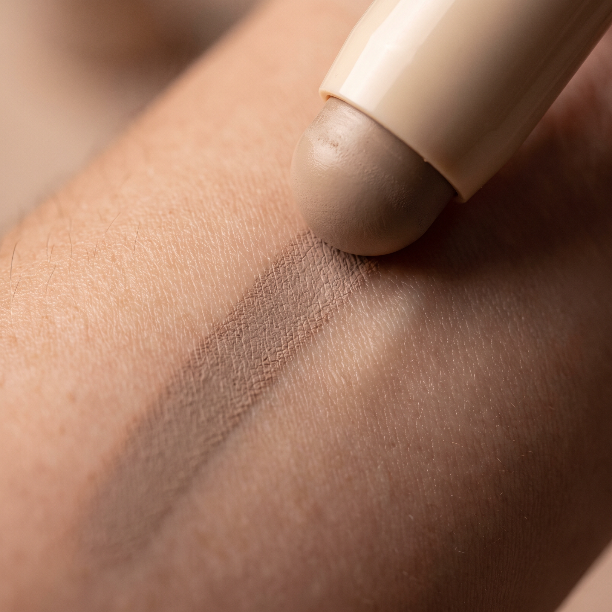 Macro of a cream contour stick drawn on skin and blended out at the edge