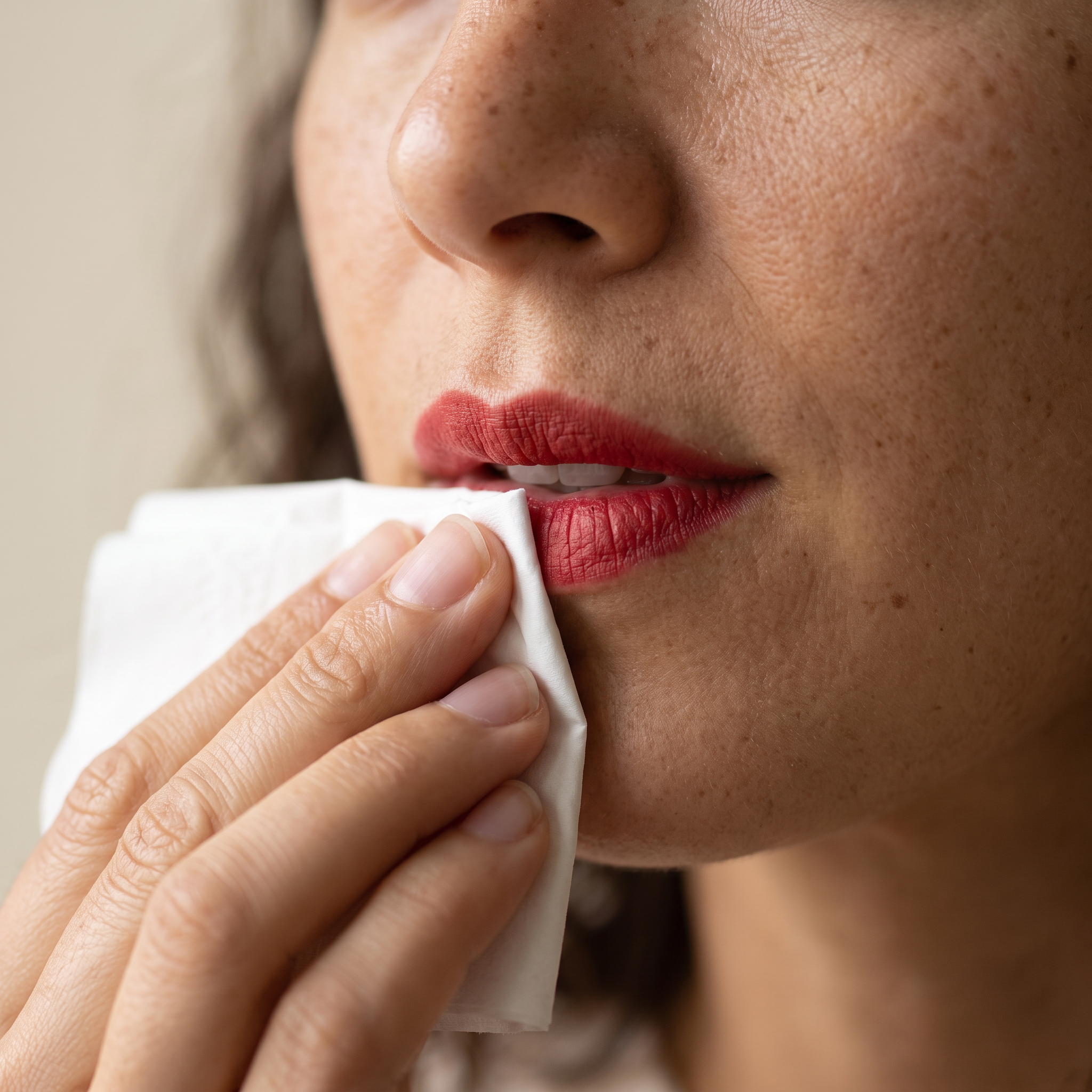 Blotting freshly applied matte red lipstick with a tissue to reduce transfer