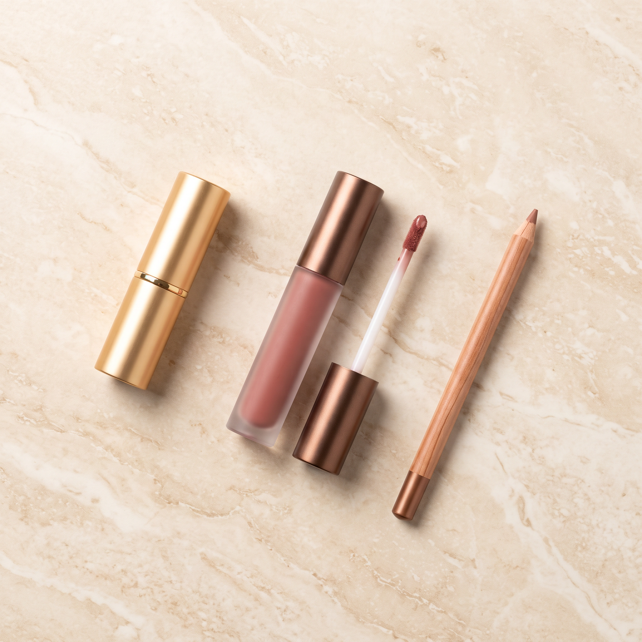 Bullet lipstick, fluid lipstick tube and lip liner pencil arranged in a row