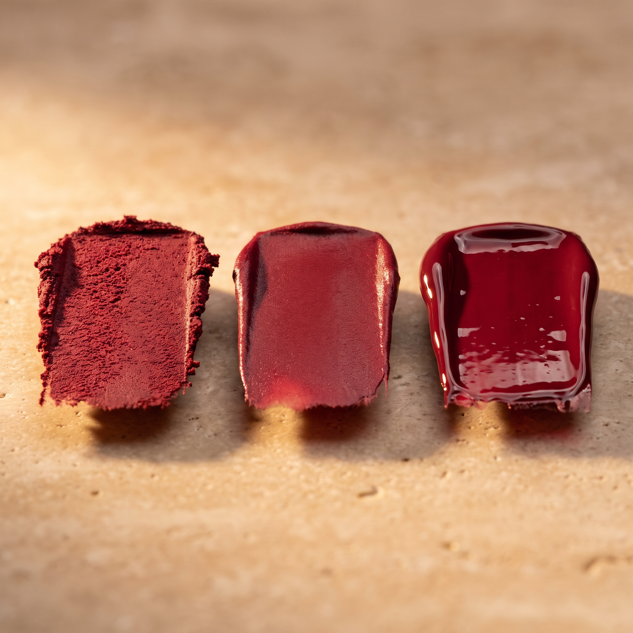 Macro view of matte, satin and gloss red lipstick swatches under raking light