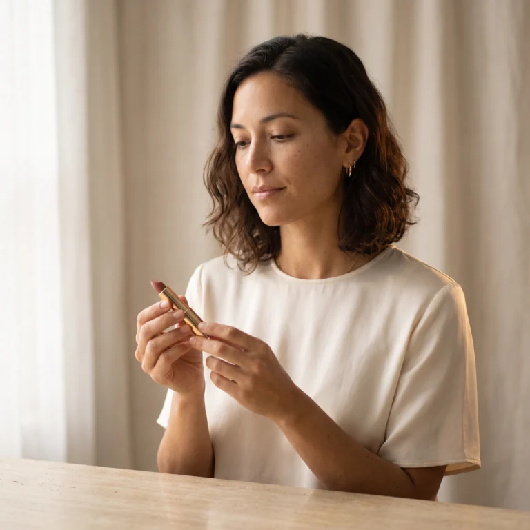 Woman holding an open gold lipstick bullet at a sunlit vanity
