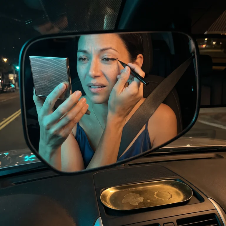 Best liquid eyeliners: one winged line checked in a compact mirror, Avery, Beautyisles AI host, in a parked car