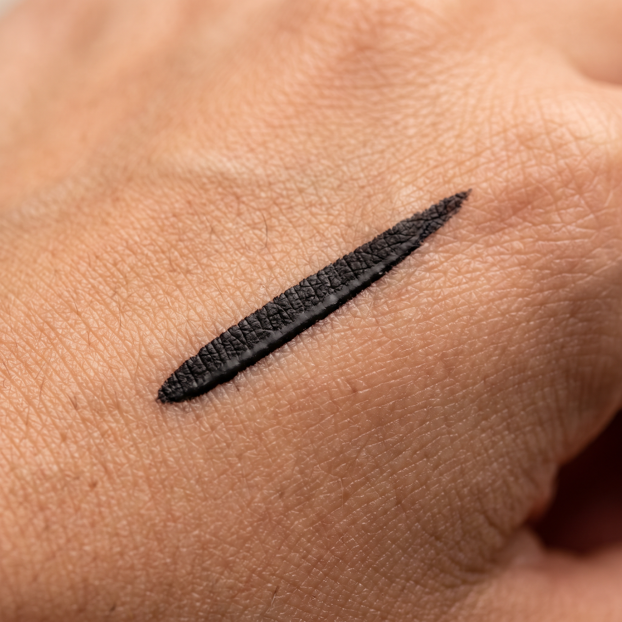 Black, brown-black and plum liner strokes swatched on bare skin