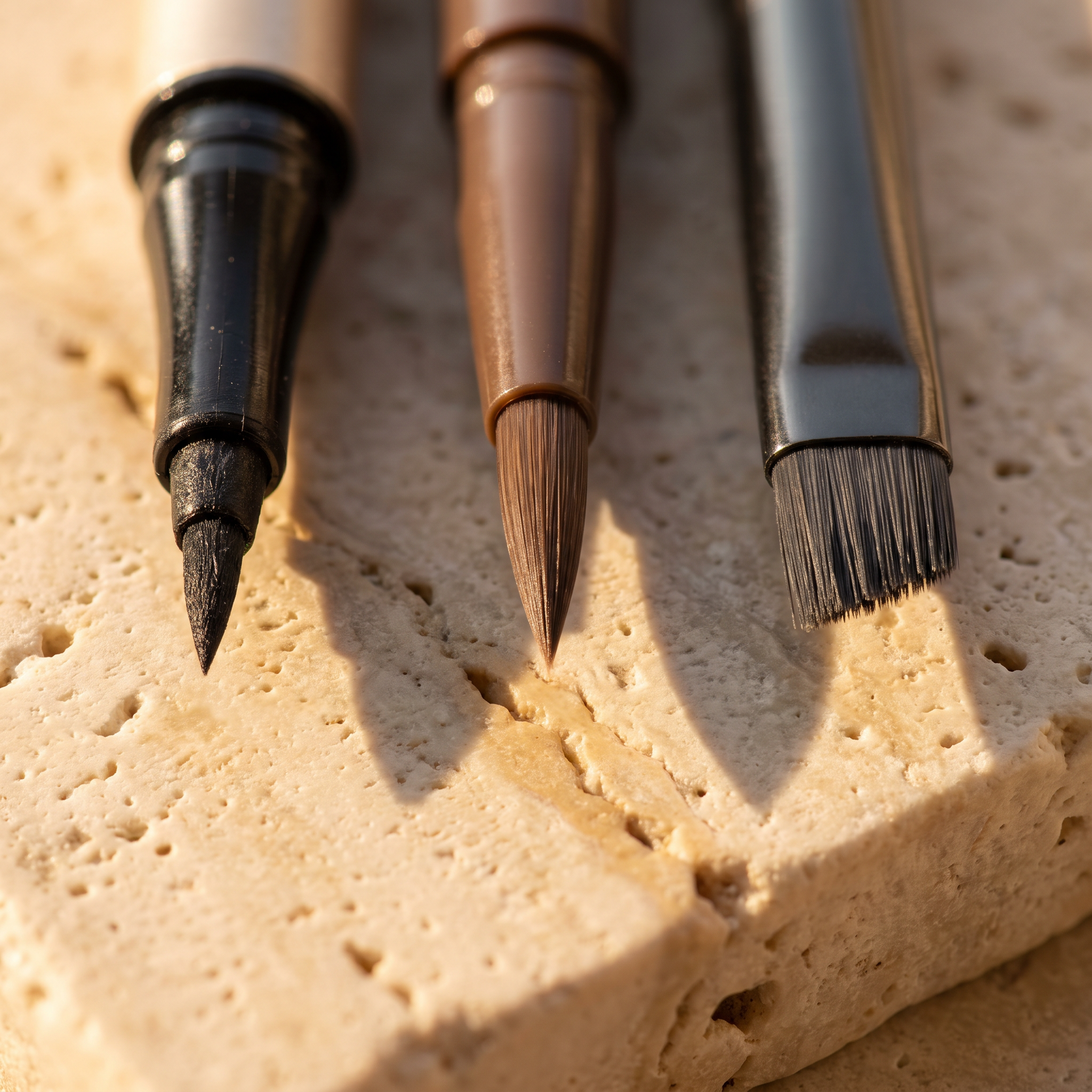 Macro of a felt tip and a fine brush tip side by side in black ink