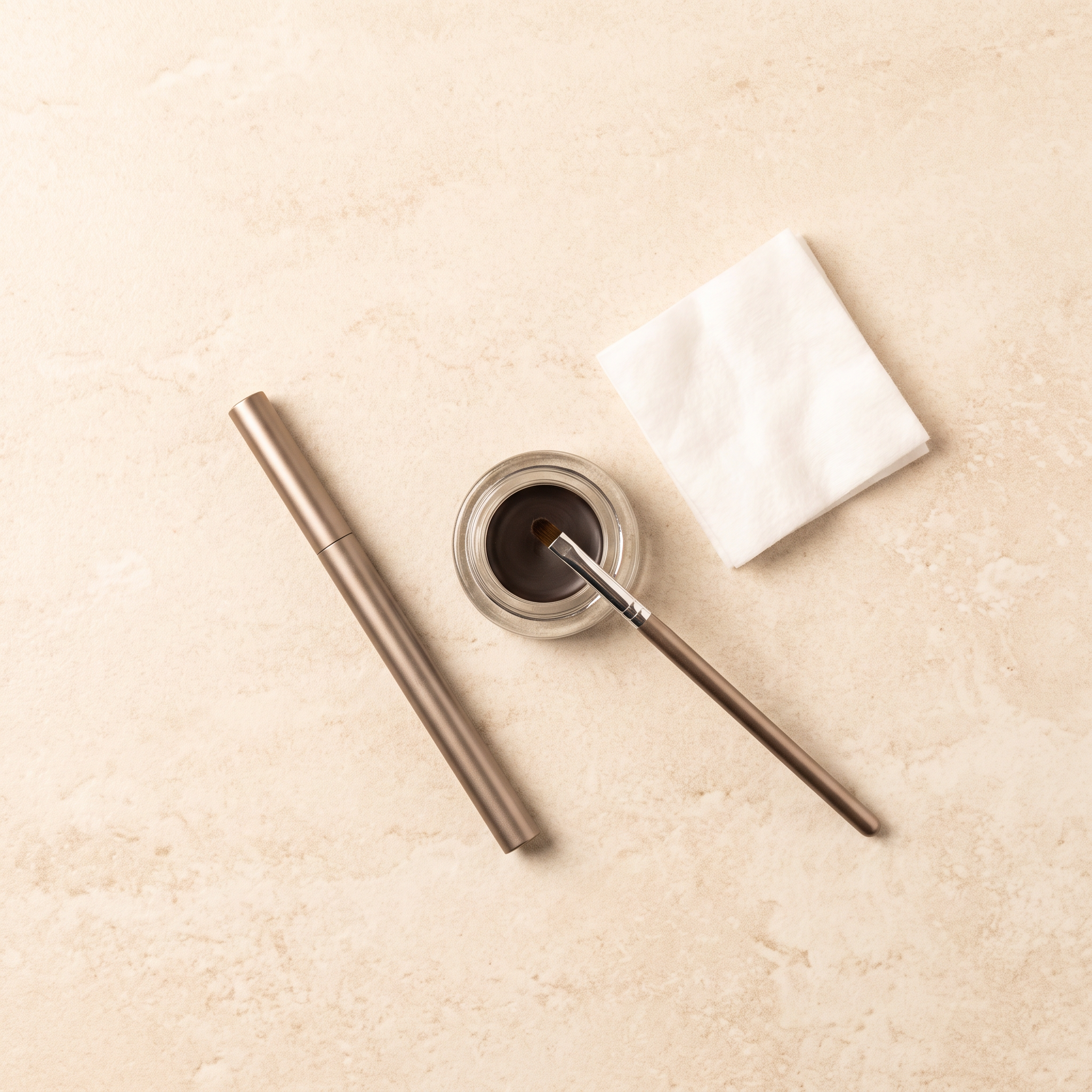 Fine brush tip, gel pencil and sharpener arranged as a still life on a cream surface