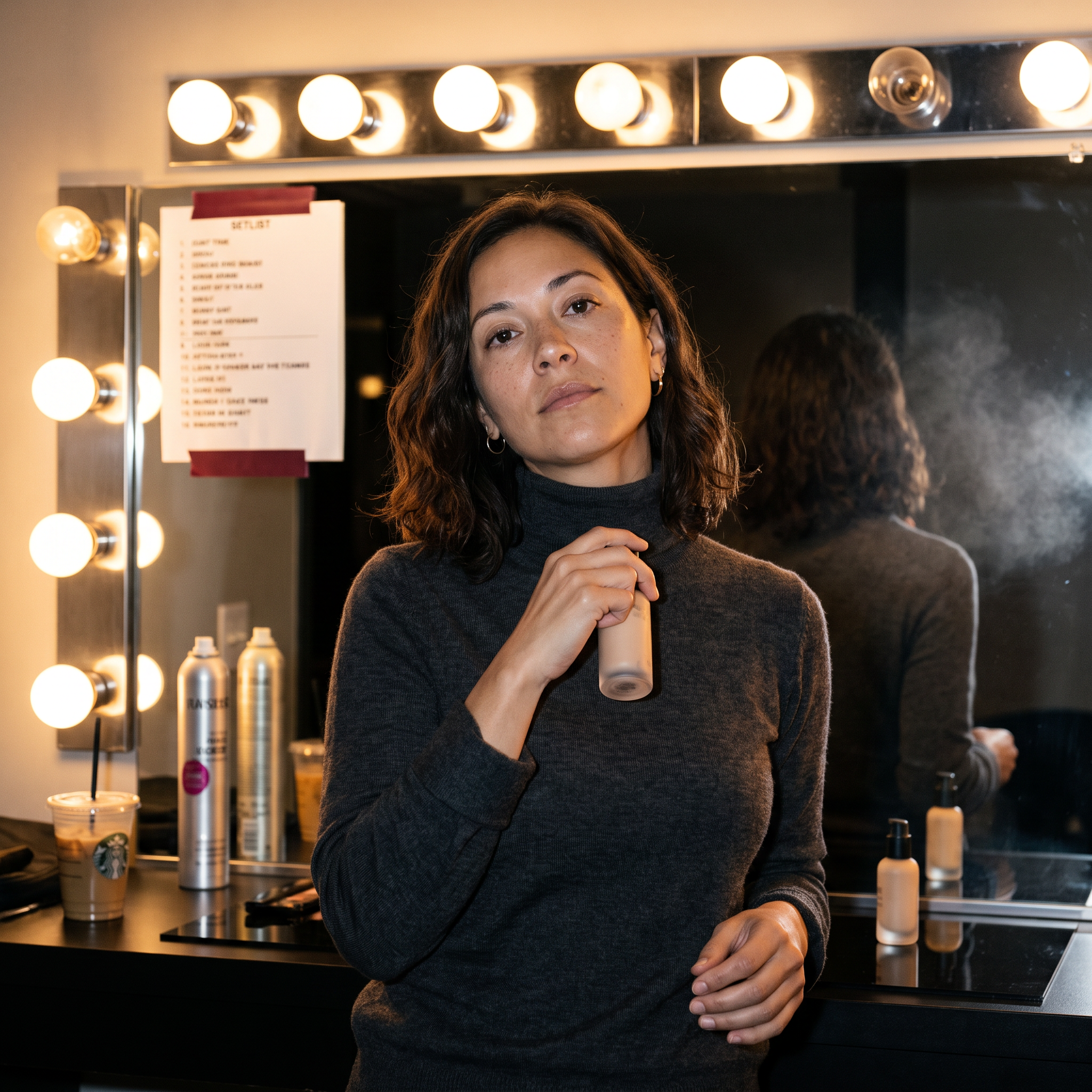 Avery, Beautyisles AI host, at hour eleven of a best luxury makeup foundations wear test in a backstage dressing room
