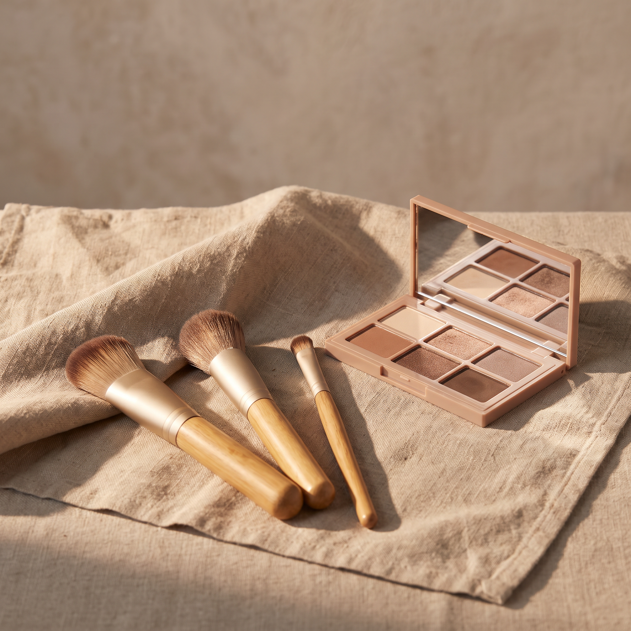 Flat packing, fluffy blending and small pencil eyeshadow brushes resting on linen beside an open nude palette