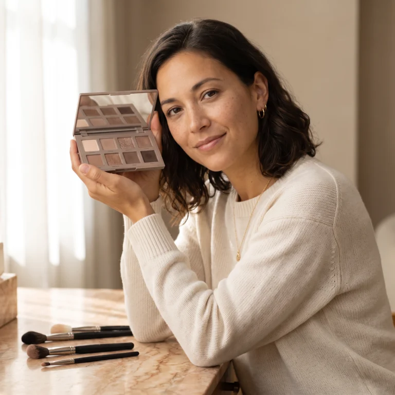 Woman applying a neutral nude eyeshadow palette at a sunlit marble vanity with brushes laid out below
