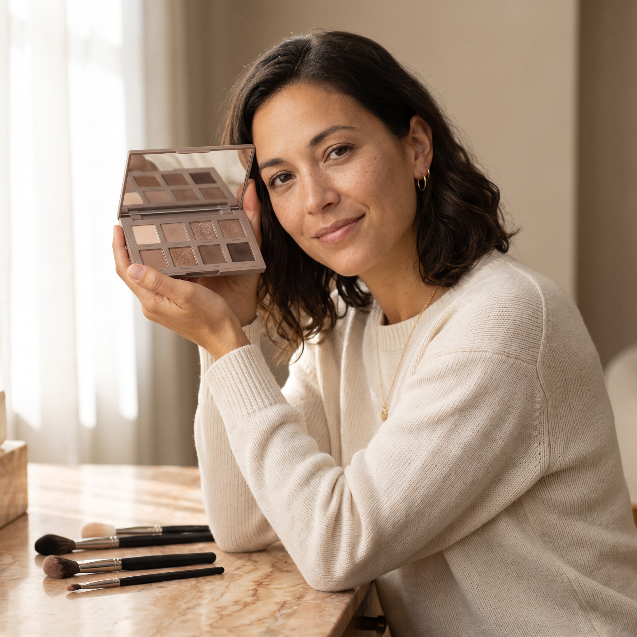 Woman applying a neutral nude eyeshadow palette at a sunlit marble vanity with brushes laid out below