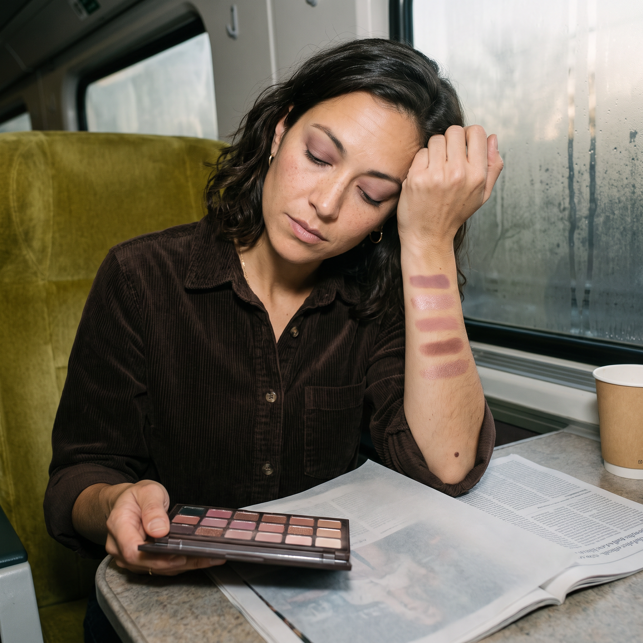 Four swatches from the best nude eyeshadow palettes drying on the forearm of Avery, Beautyisles AI host, on a dawn train
