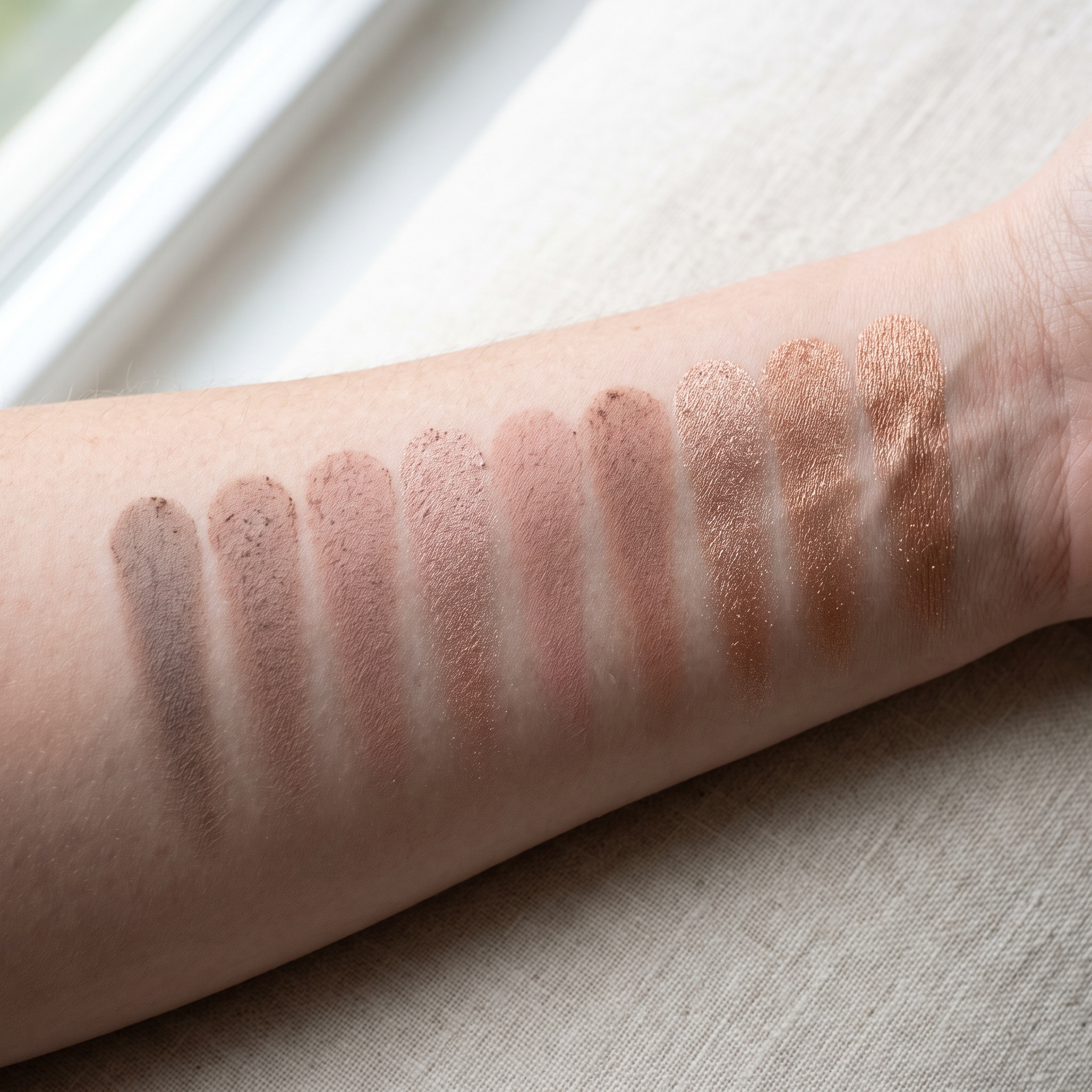 Nine nude eyeshadow swatches in a gradient from cool taupe through rose-beige to warm bronze