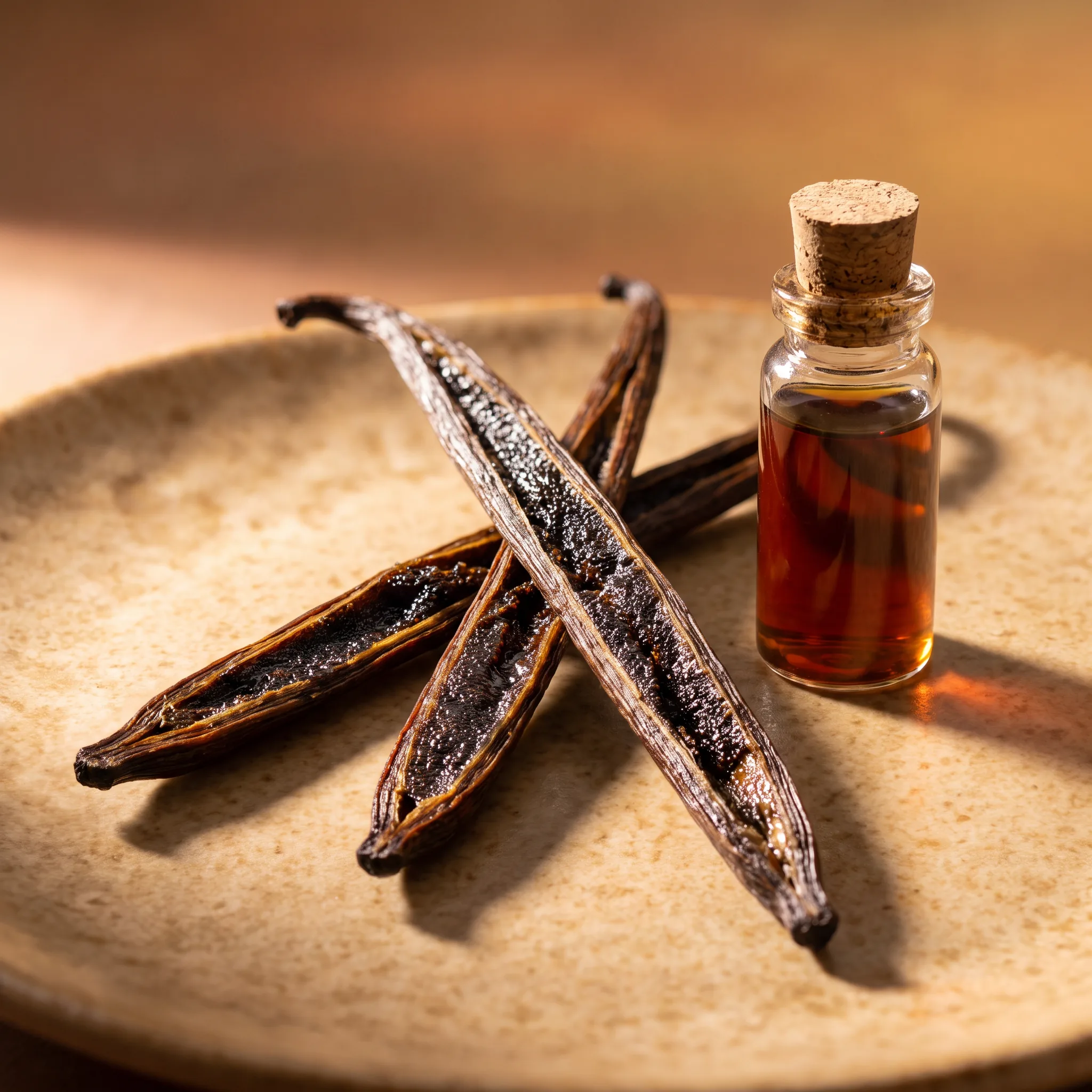 Macro still life of split vanilla pods, amber resin and benzoin on warm porcelain