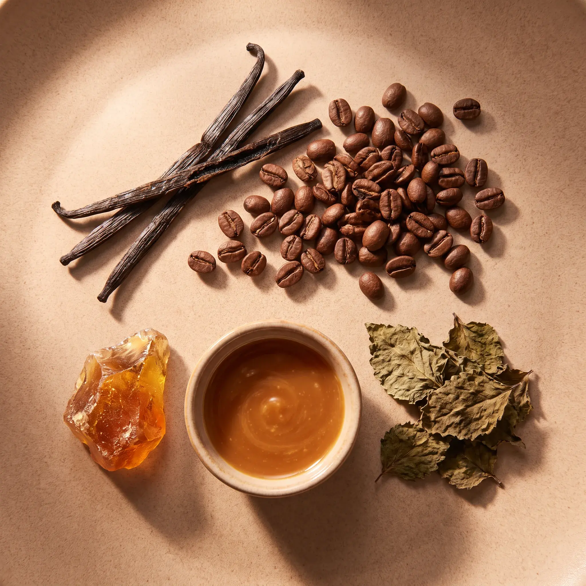 Macro still life of vanilla pods, tonka beans and almond slivers on warm porcelain
