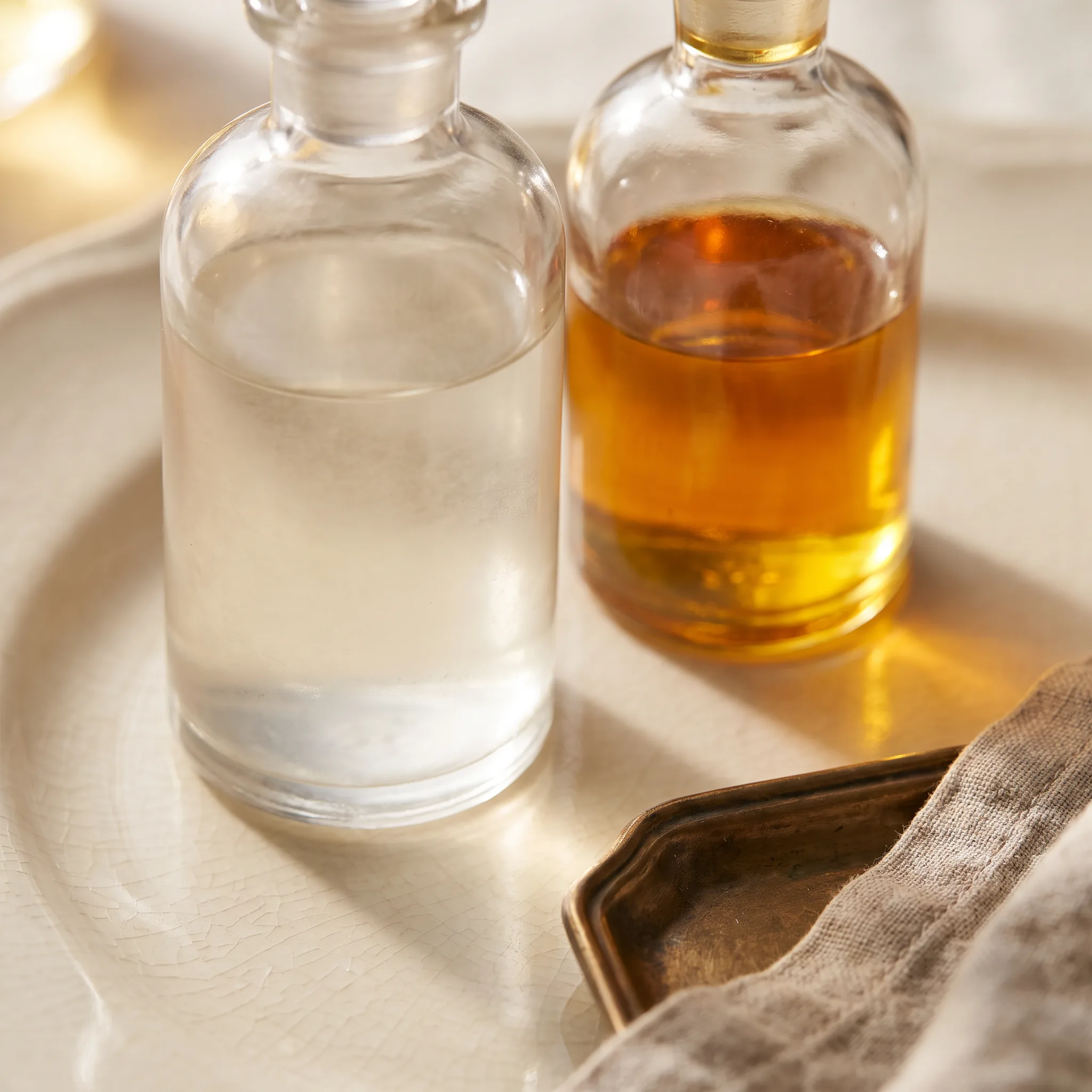 Macro still life of two glass fragrance bottles, one filled with pale mist liquid and one with dark oil, on warm porcelain