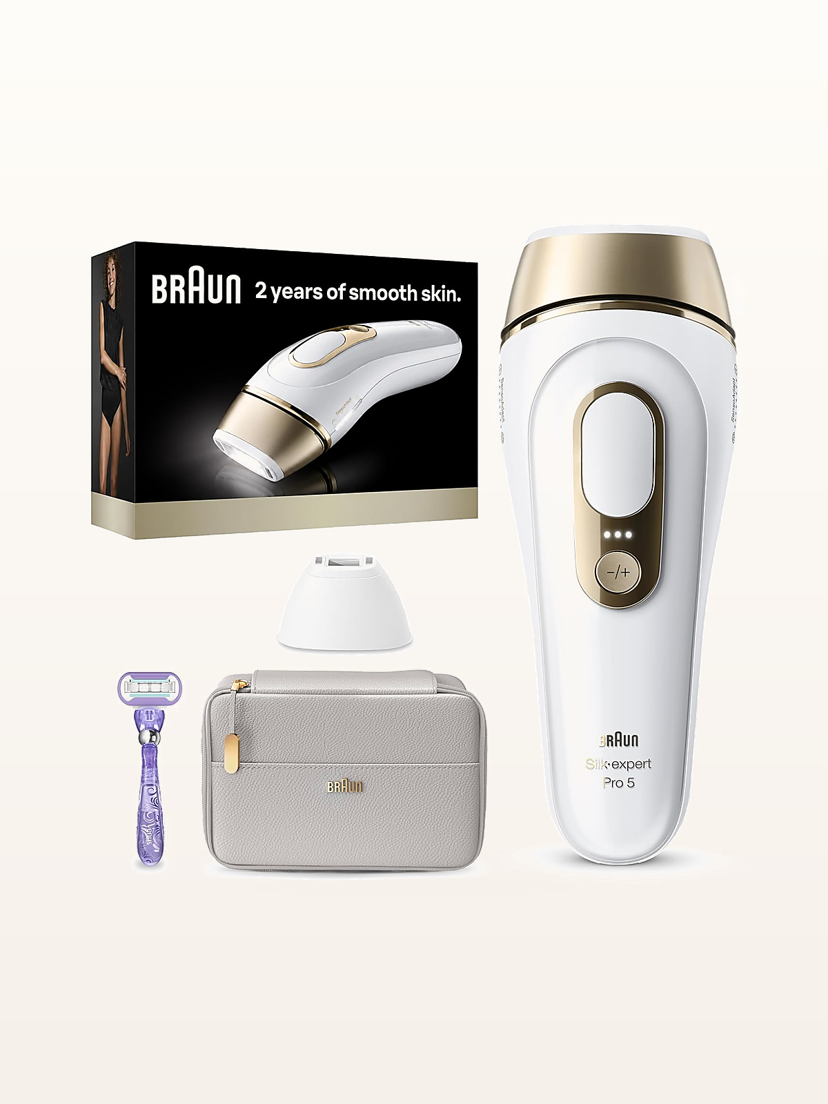 Braun Silk-expert Pro 5 Smart IPL System clinical hardware on warm studio stage