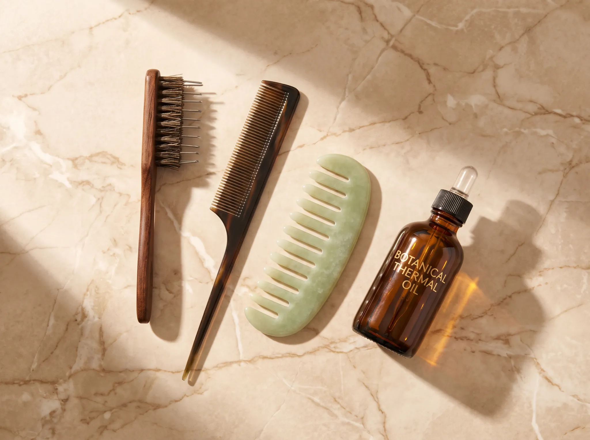 Styling tool care still life featuring a tail comb, cleaning brush rake, jade comb gua sha, and thermal serum on beige marble