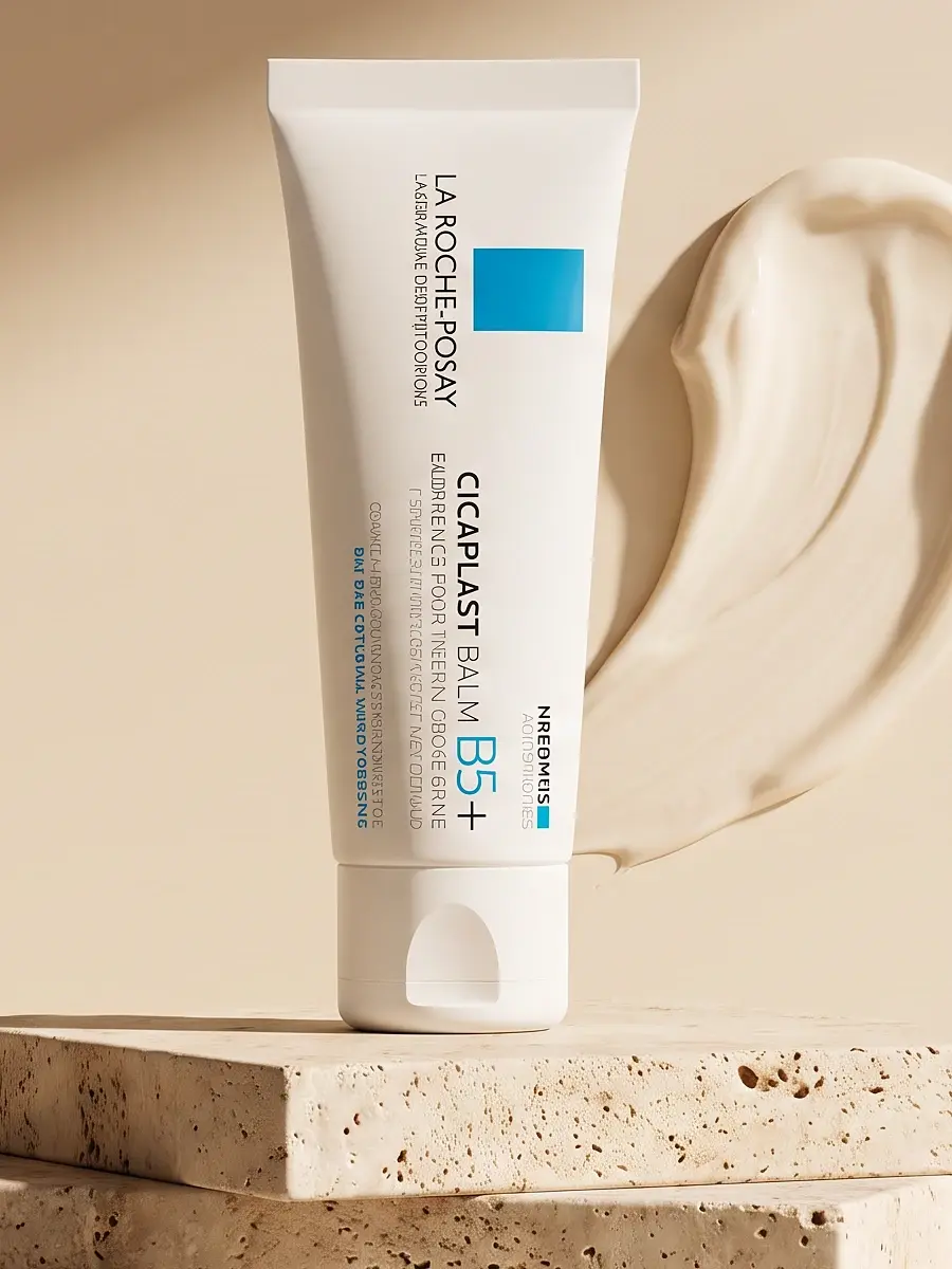 La Roche-Posay Cicaplast Balm B5+ tube and cream swatch on travertine stone