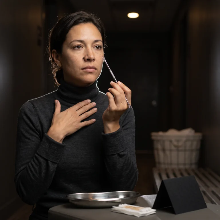 Avery holding a stainless steel double-loop comedone extractor at a dark vanity, the loop stopped short of her jaw.