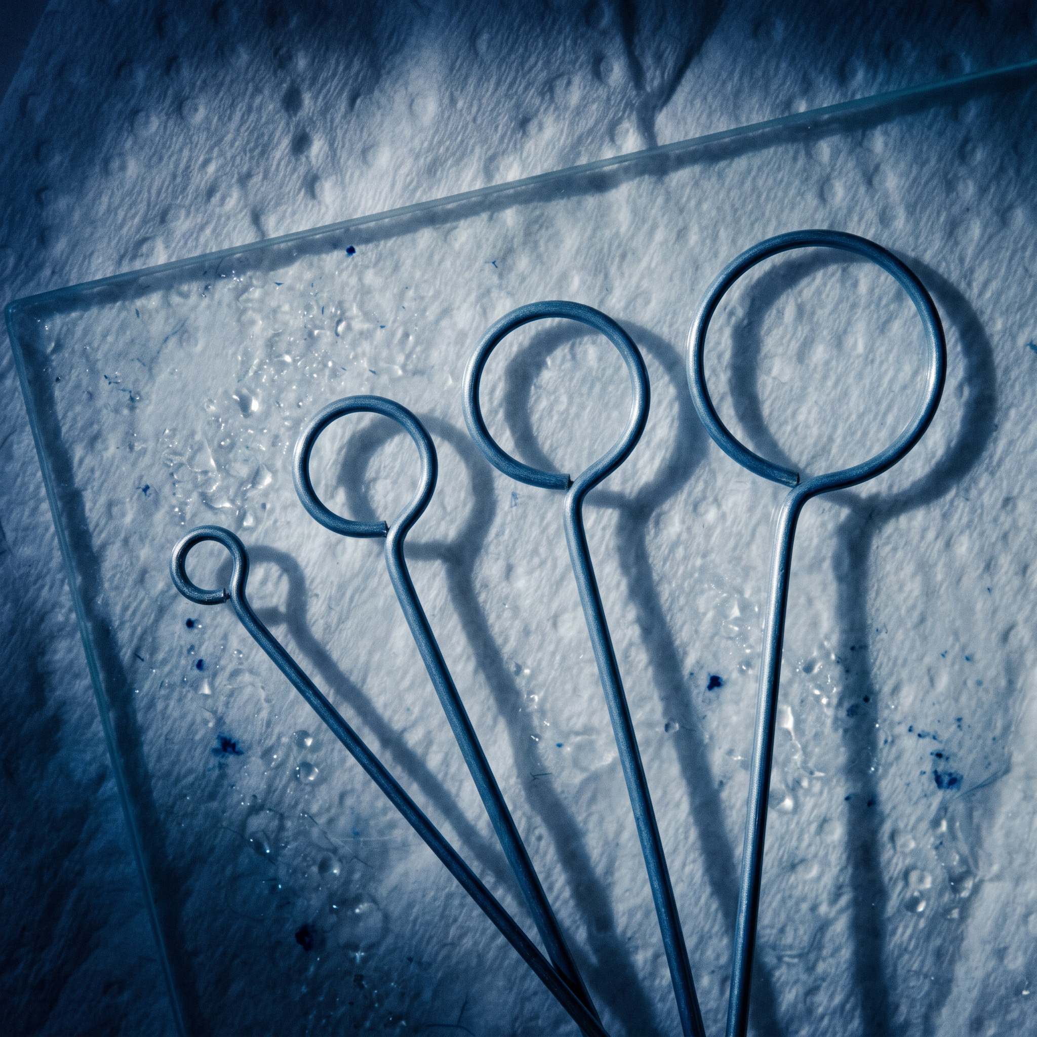 Macro still life of precision surgical stainless steel comedone extractor loops showing wire loop and fenestrated cup designs