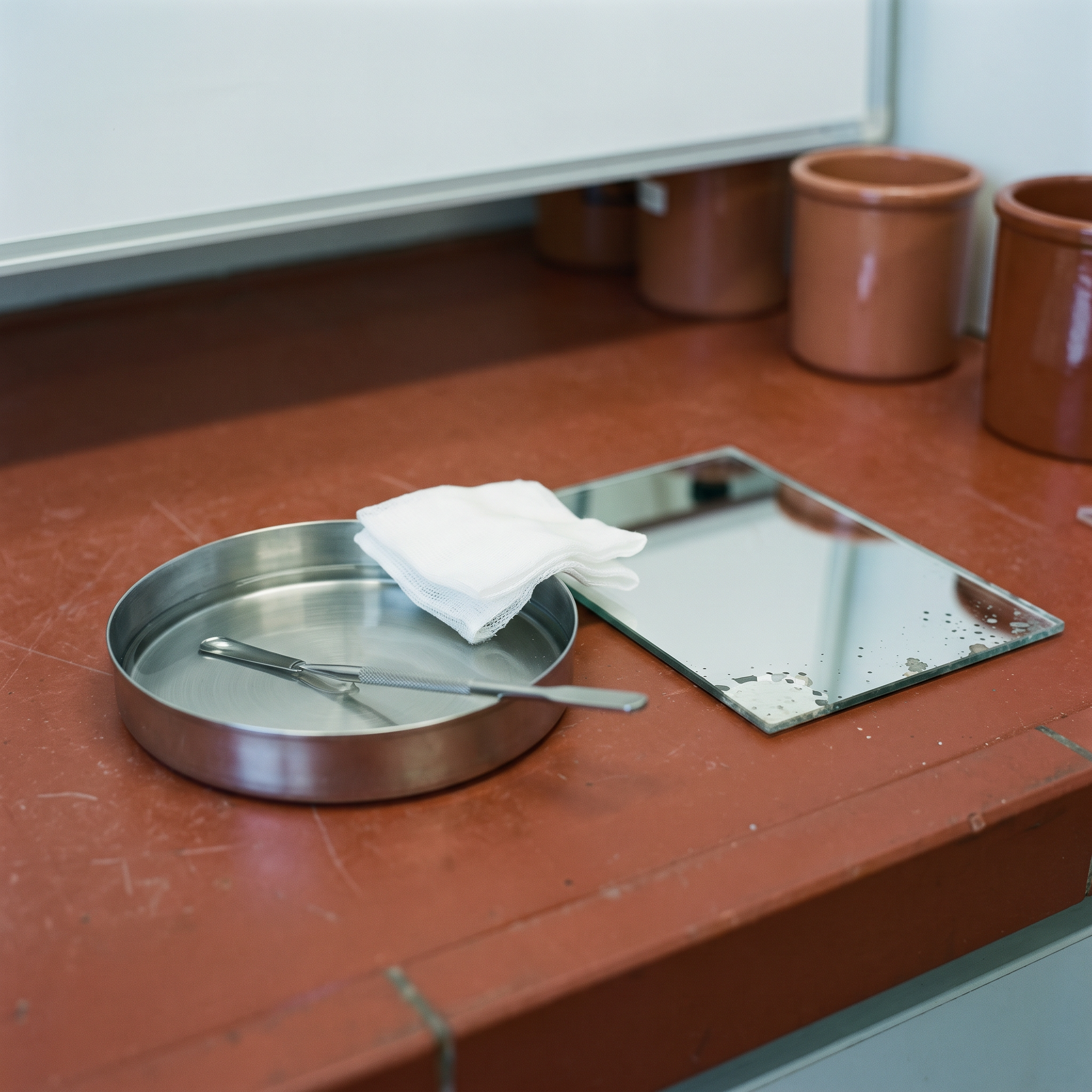 Flat-lay arrangement of medical stainless steel extractor tray and amber disinfection bottles