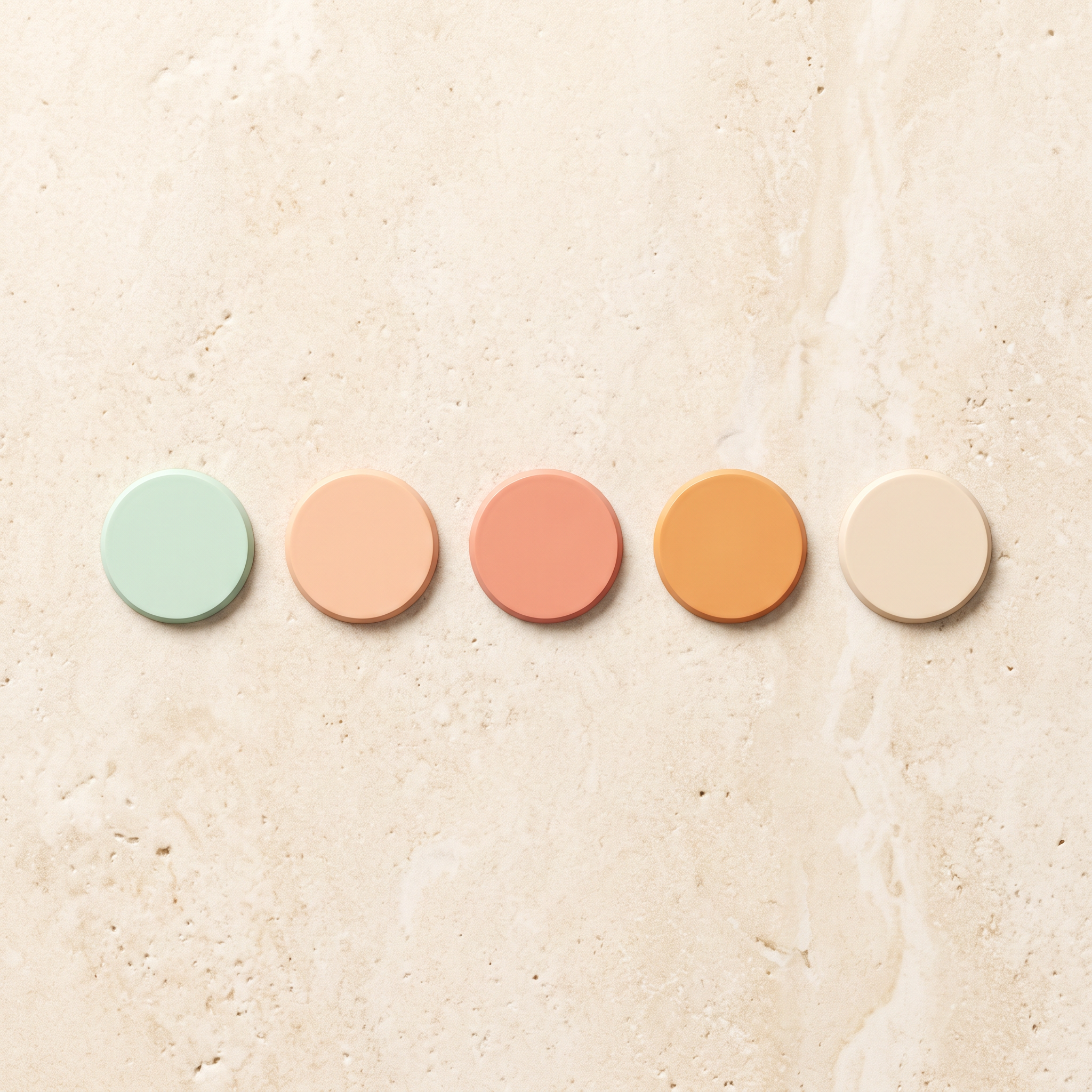 Five corrector swatches from pale bisque to deep orange on a cream surface
