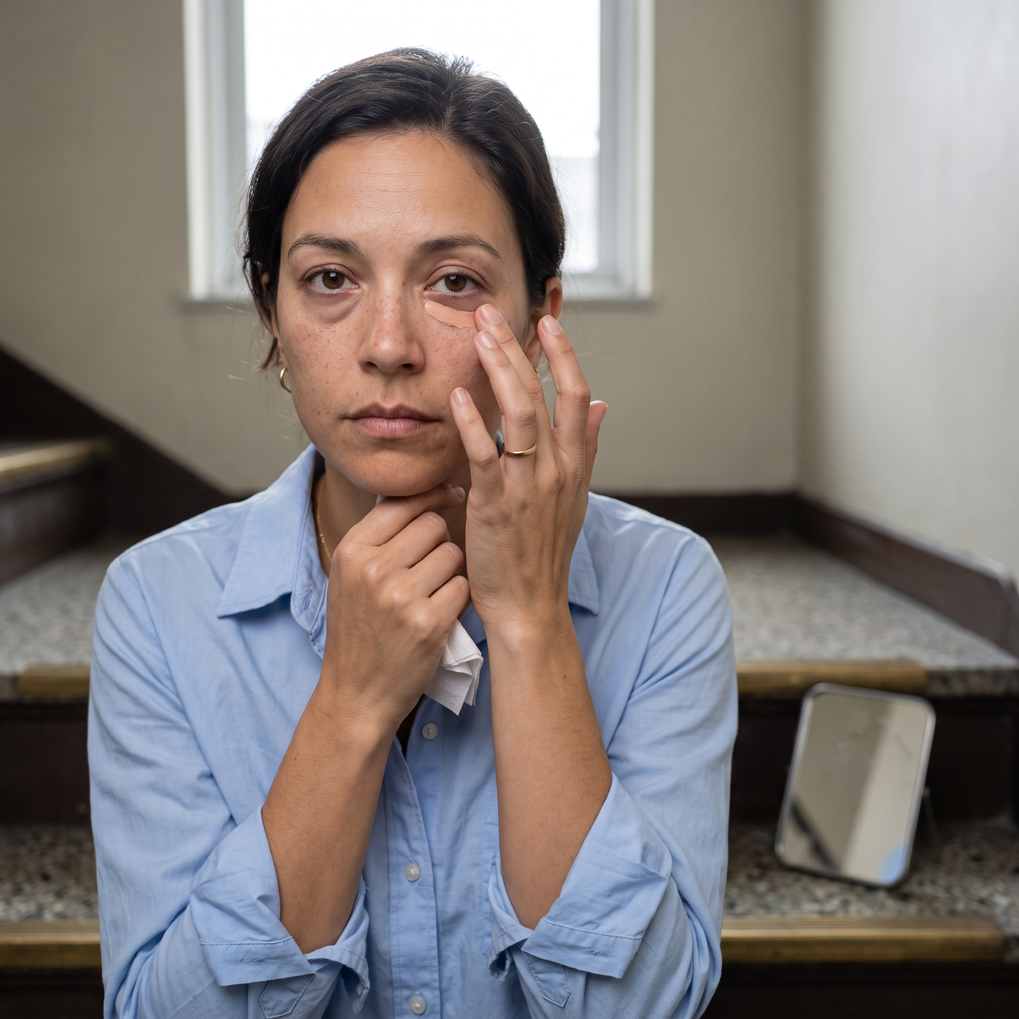 Concealer for dark circles: Avery, Beautyisles AI host, pats peach corrector under one eye in flat north light