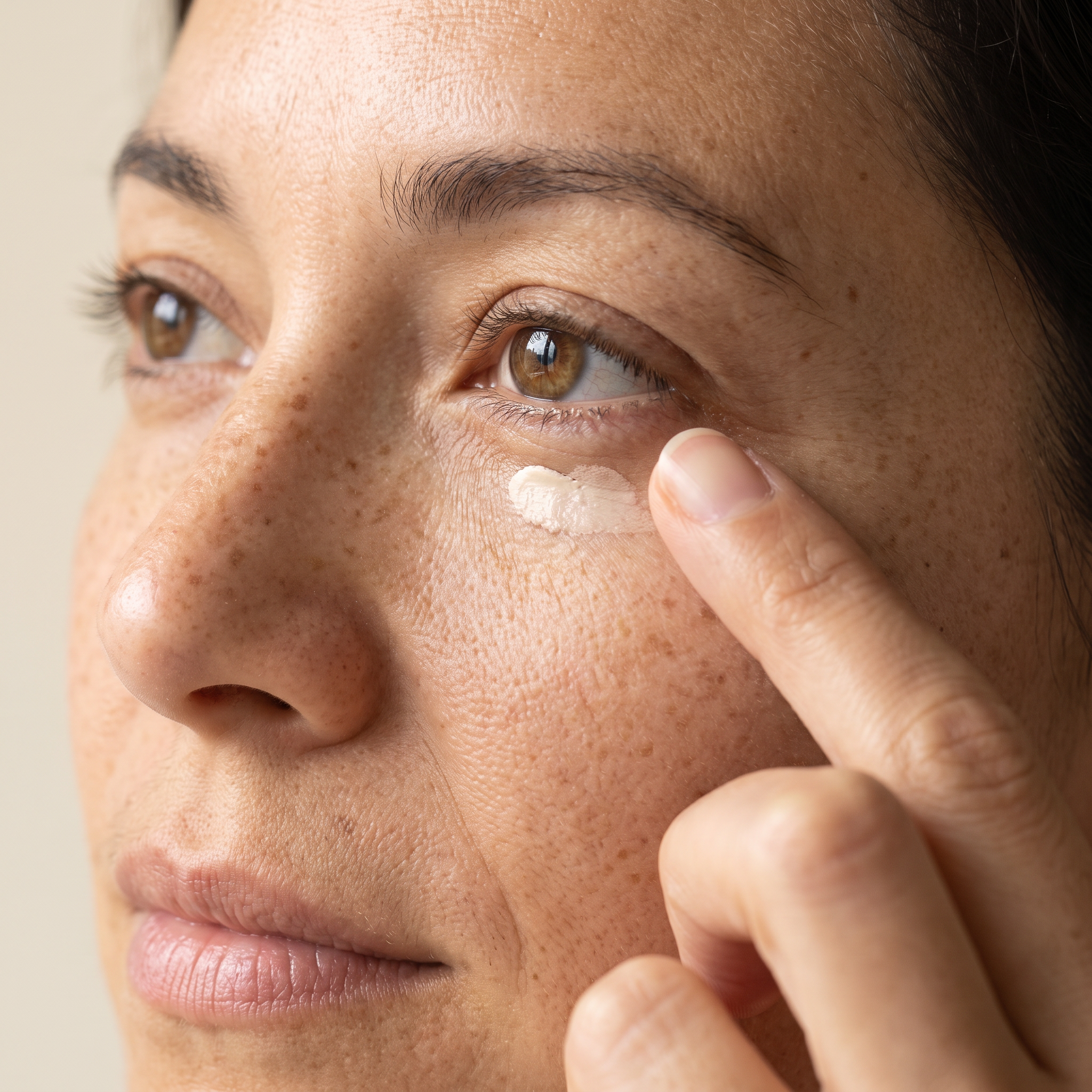 Fingertip patting a thin peach corrector layer into the inner eye corner